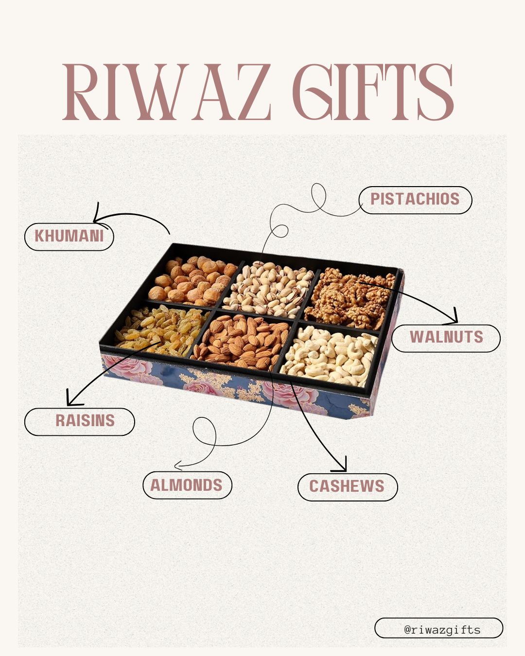 Riwaz Elite Dry Fruits Gift Box | Exquisite Enamel Pink Flower Designer | Premium Assorted Nuts & Dried Fruits: Almonds, Cashews, Raisins