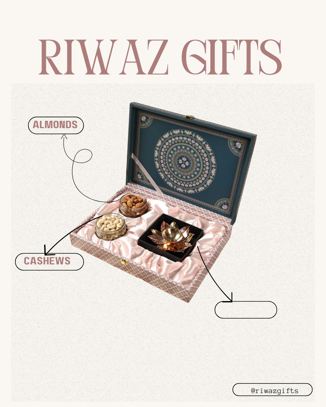 Riwaz Prime Matt Natural Premium Gift Box | Almonds & Cashews with Elegant Lotus Brass Diya | A Thoughtful Hamper for Rakhi, Diwali