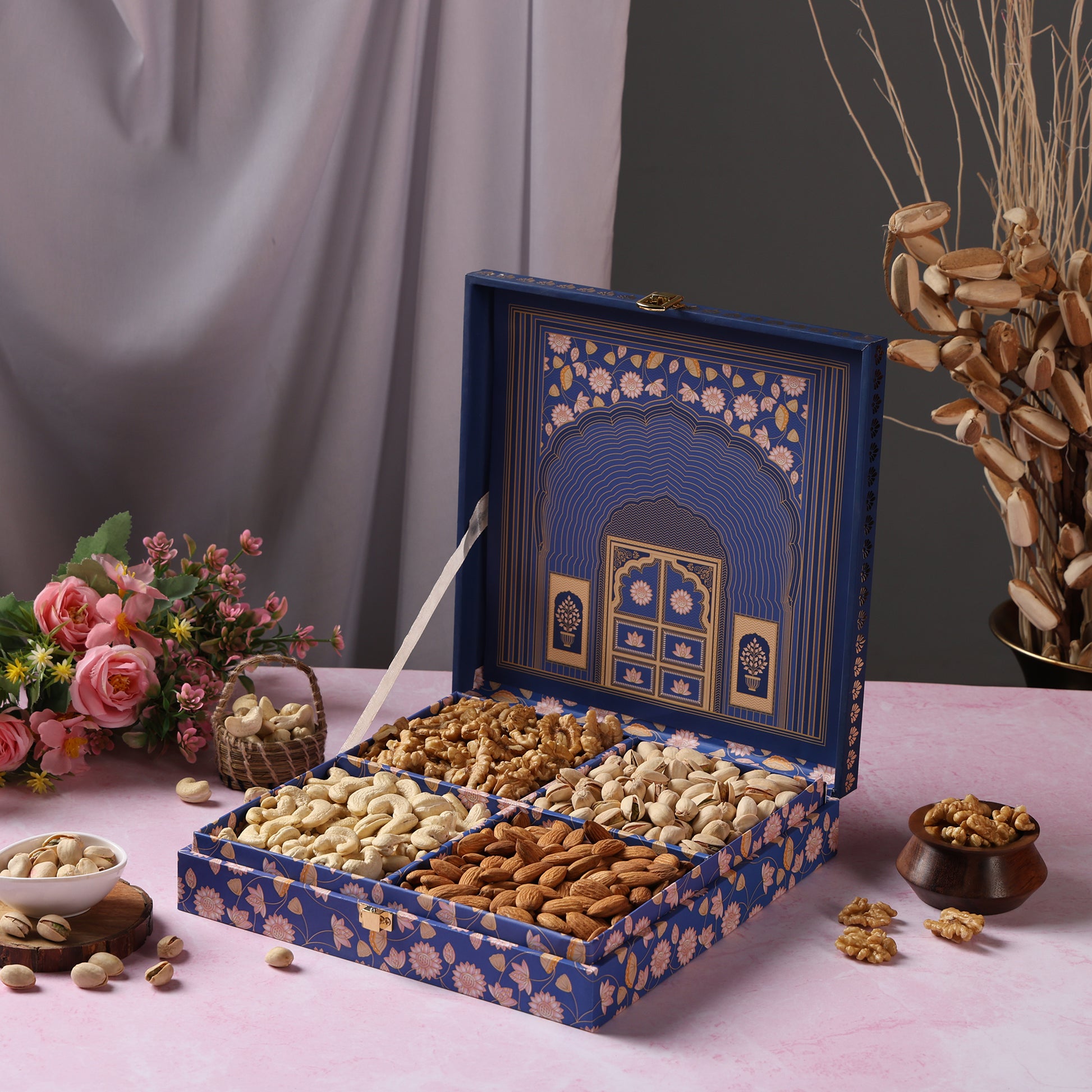 Riwaz Premium Blue Darwaja Gift Box | A Blend of Elegance & Gourmet Delights | 4-Column Assortment of Almonds, Cashews, Pistachios & Khumani | A Thoughtful Gift for Diwali, Weddings, Festivals & Corporate Gifting