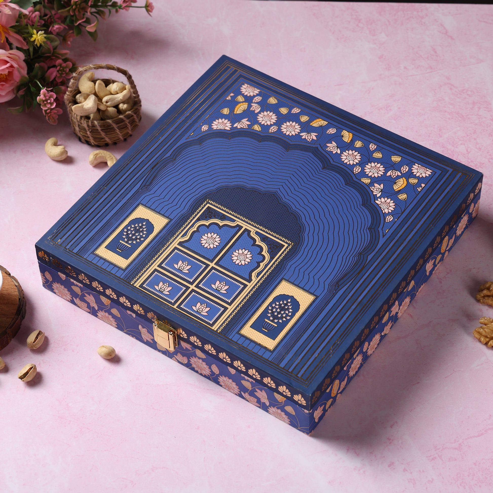 Riwaz Premium Blue Darwaja Gift Box | A Blend of Elegance & Gourmet Delights | 4-Column Assortment of Almonds, Cashews, Pistachios & Khumani | A Thoughtful Gift for Diwali, Weddings, Festivals & Corporate Gifting