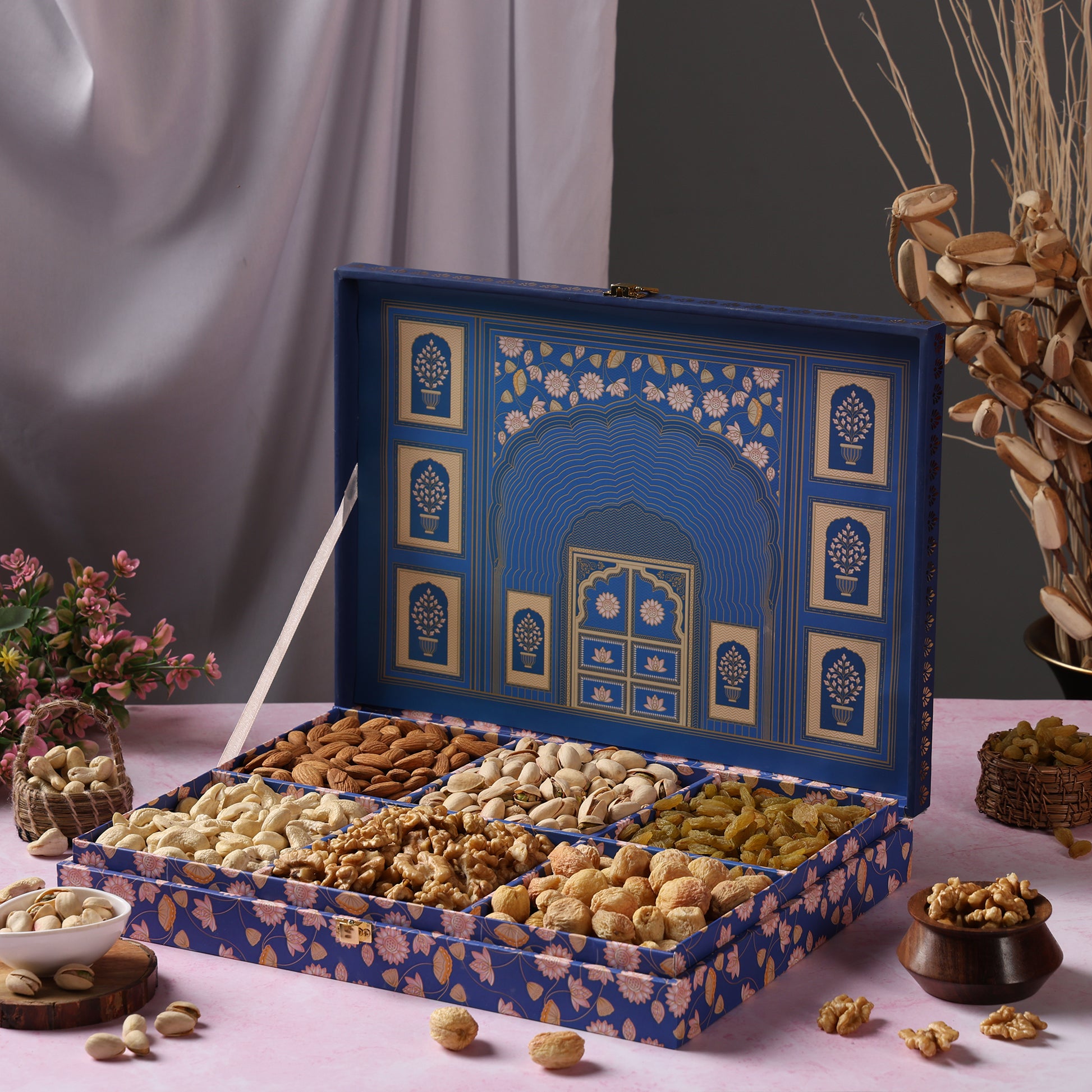 Riwaz Premium Blue Darwaja Gift Box | Premium 6-Column Assortment of Almonds, Cashews, Pistachios, Walnuts, Raisins & Khumani | A Thoughtful Gift for  Diwali, Weddings, Festivals & Corporate Celebrations