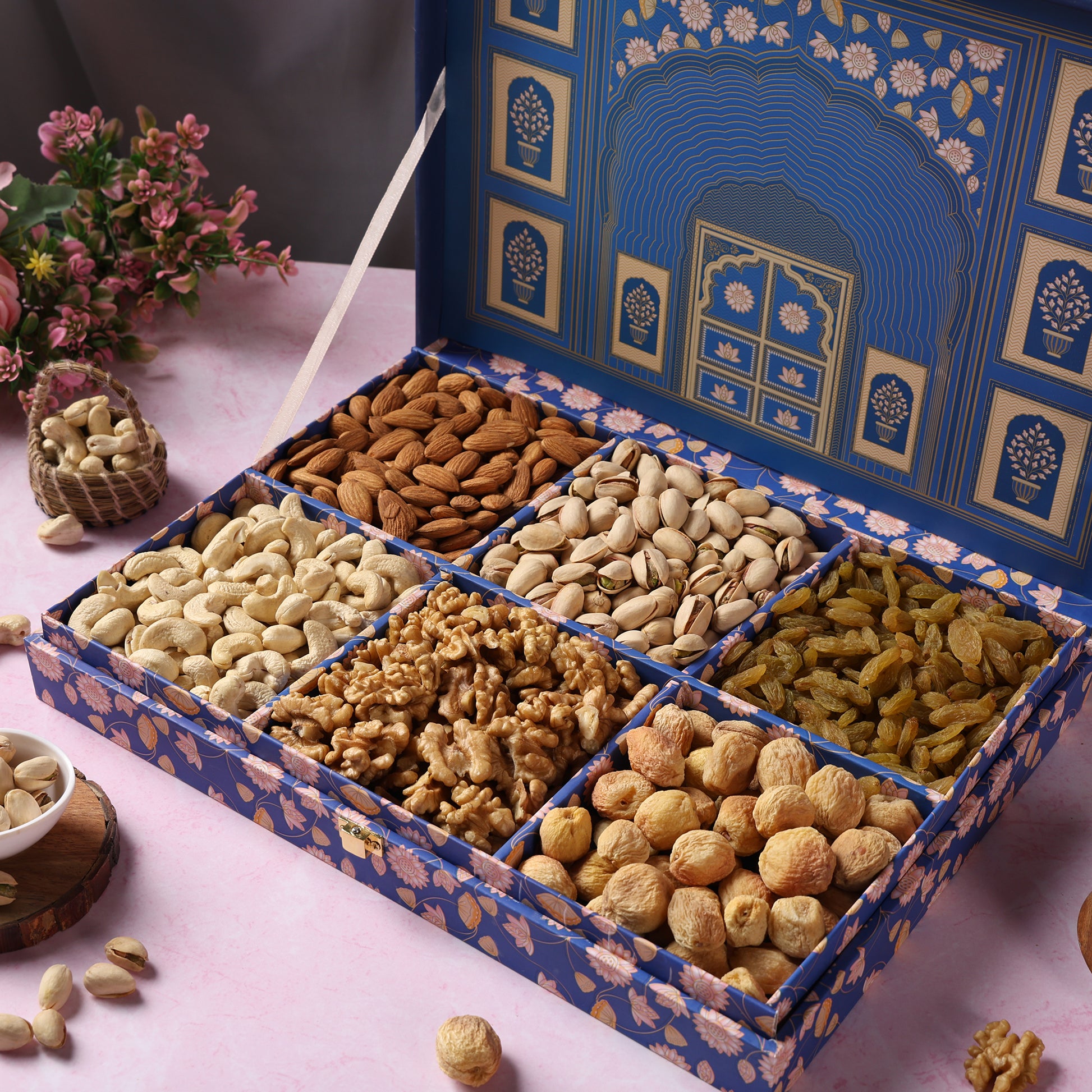 Riwaz Premium Blue Darwaja Gift Box | Premium 6-Column Assortment of Almonds, Cashews, Pistachios, Walnuts, Raisins & Khumani | A Thoughtful Gift for  Diwali, Weddings, Festivals & Corporate Celebrations