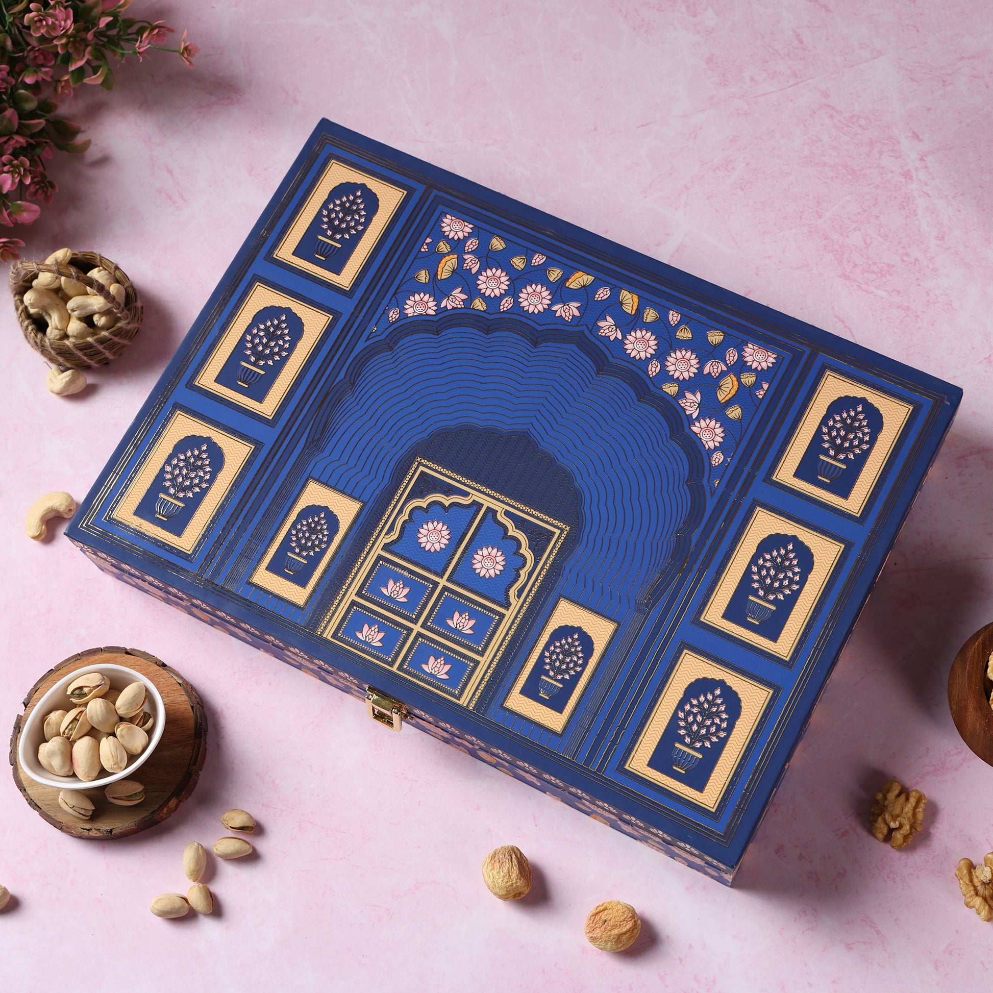 Riwaz Premium Blue Darwaja Gift Box | Premium 6-Column Assortment of Almonds, Cashews, Pistachios, Walnuts, Raisins & Khumani | A Thoughtful Gift for  Diwali, Weddings, Festivals & Corporate Celebrations