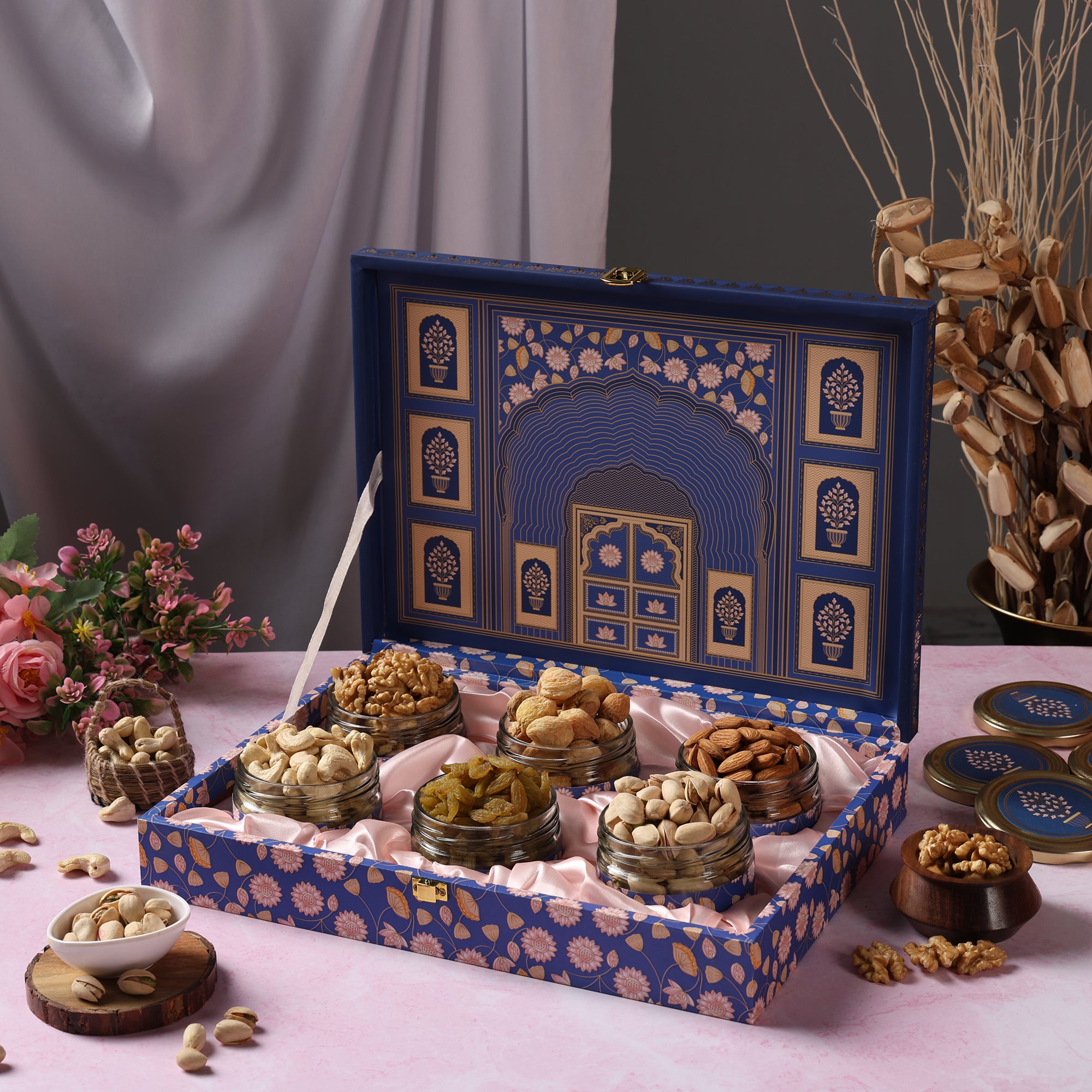 Riwaz Premium Blue Darwaja Dry Fruit Gift Box – Premium Nuts & Dry Fruits in Designer Jar Packaging | Royal Festive Gift Hamper for Weddings, Diwali
