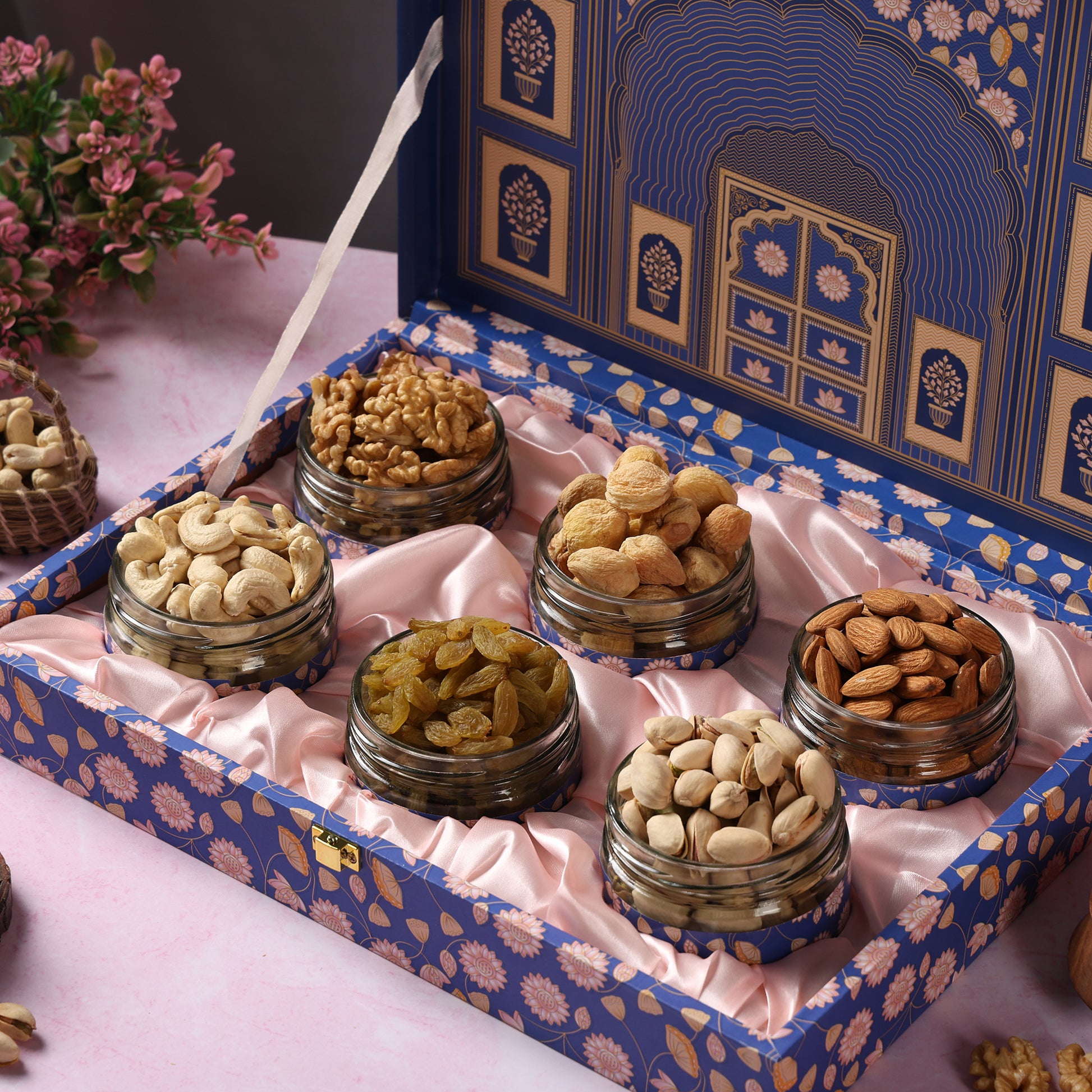 Riwaz Premium Blue Darwaja Dry Fruit Gift Box – Premium Nuts & Dry Fruits in Designer Jar Packaging | Royal Festive Gift Hamper for Weddings, Diwali & Corporate Gifting