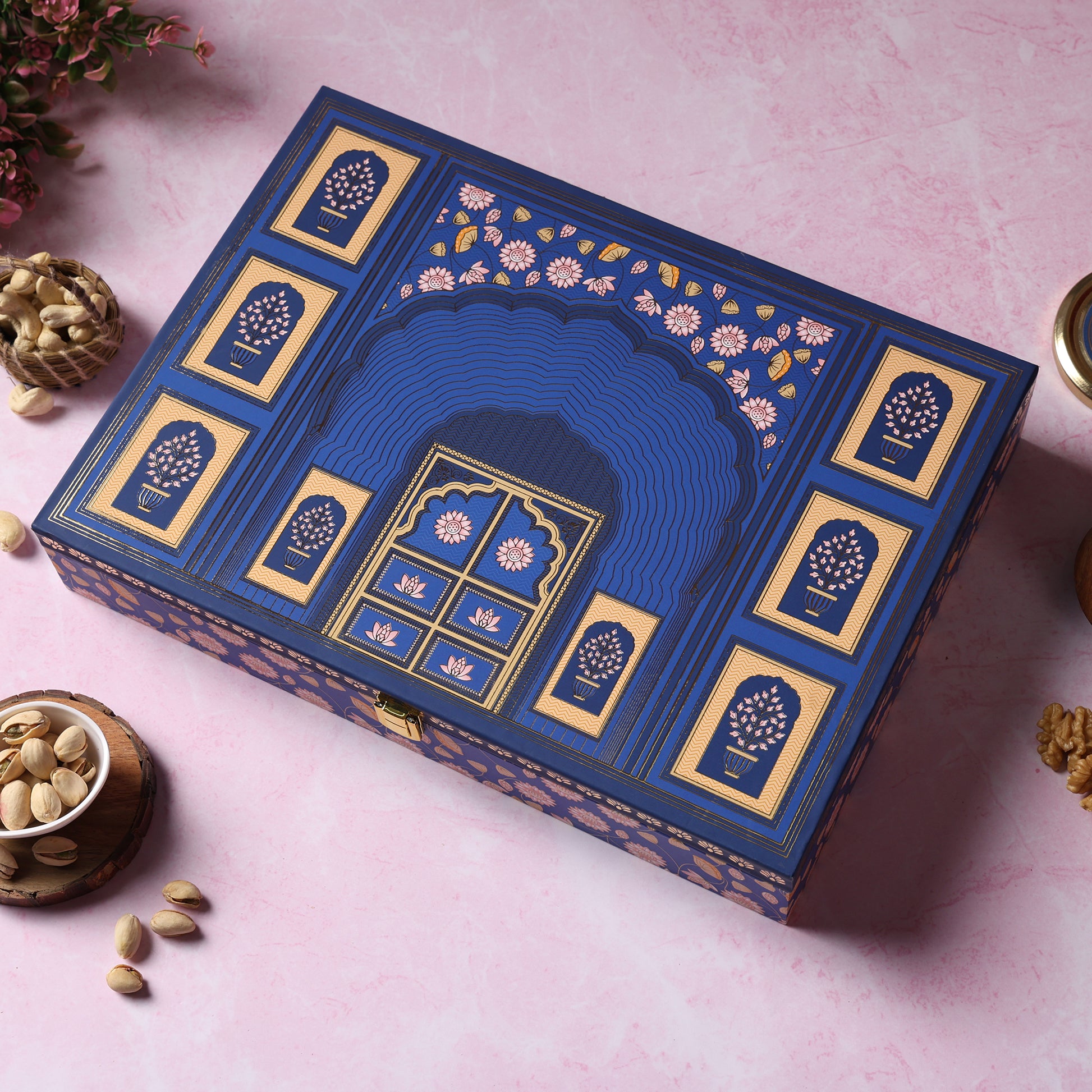Riwaz Premium Blue Darwaja Dry Fruit Gift Box – Premium Nuts & Dry Fruits in Designer Jar Packaging | Royal Festive Gift Hamper for Weddings, Diwali & Corporate Gifting