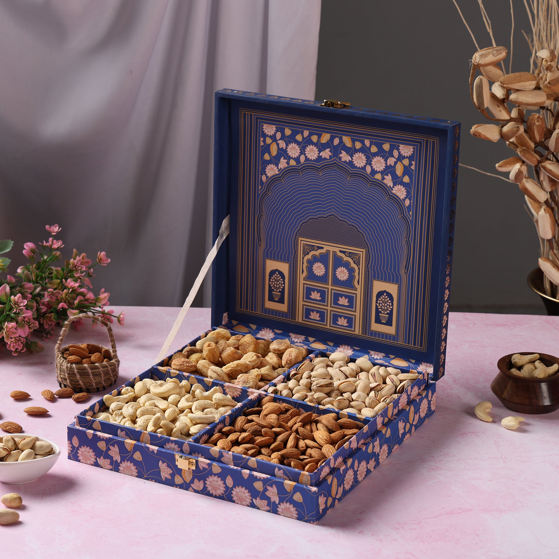 Riwaz Premium Blue Darwaja Gift Box | A Blend of Elegance & Gourmet Delights | 4-Column Assortment of Almonds, Cashews, Pistachios & Khumani | A Thoughtful Gift for Diwali, Weddings, Festivals & Corporate Gifting