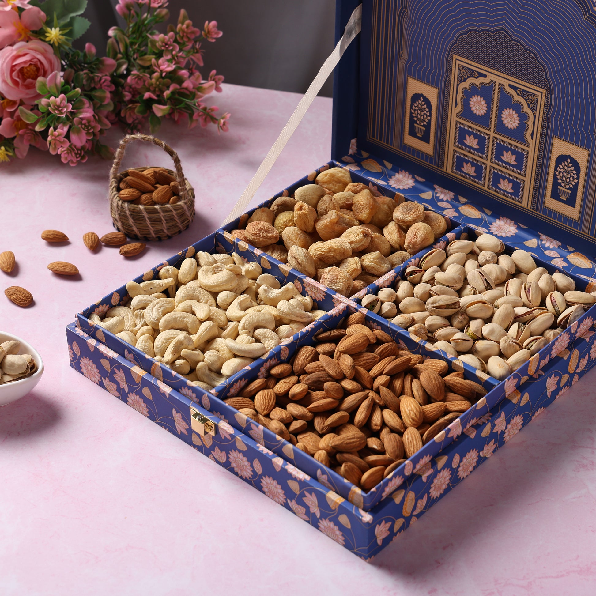 Riwaz Premium Blue Darwaja Gift Box | A Blend of Elegance & Gourmet Delights | 4-Column Assortment of Almonds, Cashews, Pistachios & Khumani | A Thoughtful Gift for Diwali, Weddings, Festivals & Corporate Gifting