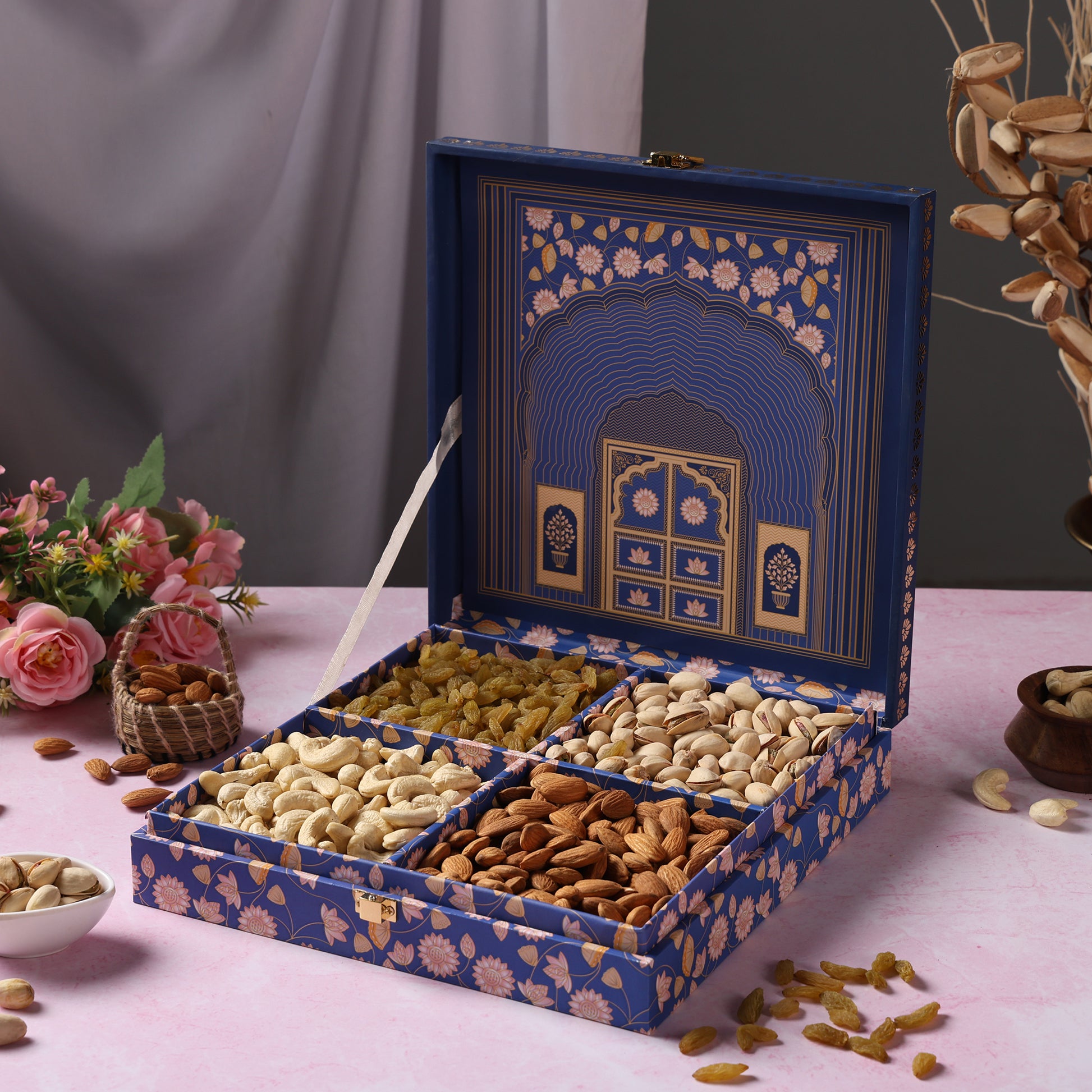 Riwaz Premium Blue Darwaja Gift Box | A Blend of Elegance & Gourmet Delights | 4-Column Assortment of Almonds, Cashews, Pistachios & Khumani | A Thoughtful Gift for Diwali, Weddings, Festivals & Corporate Gifting