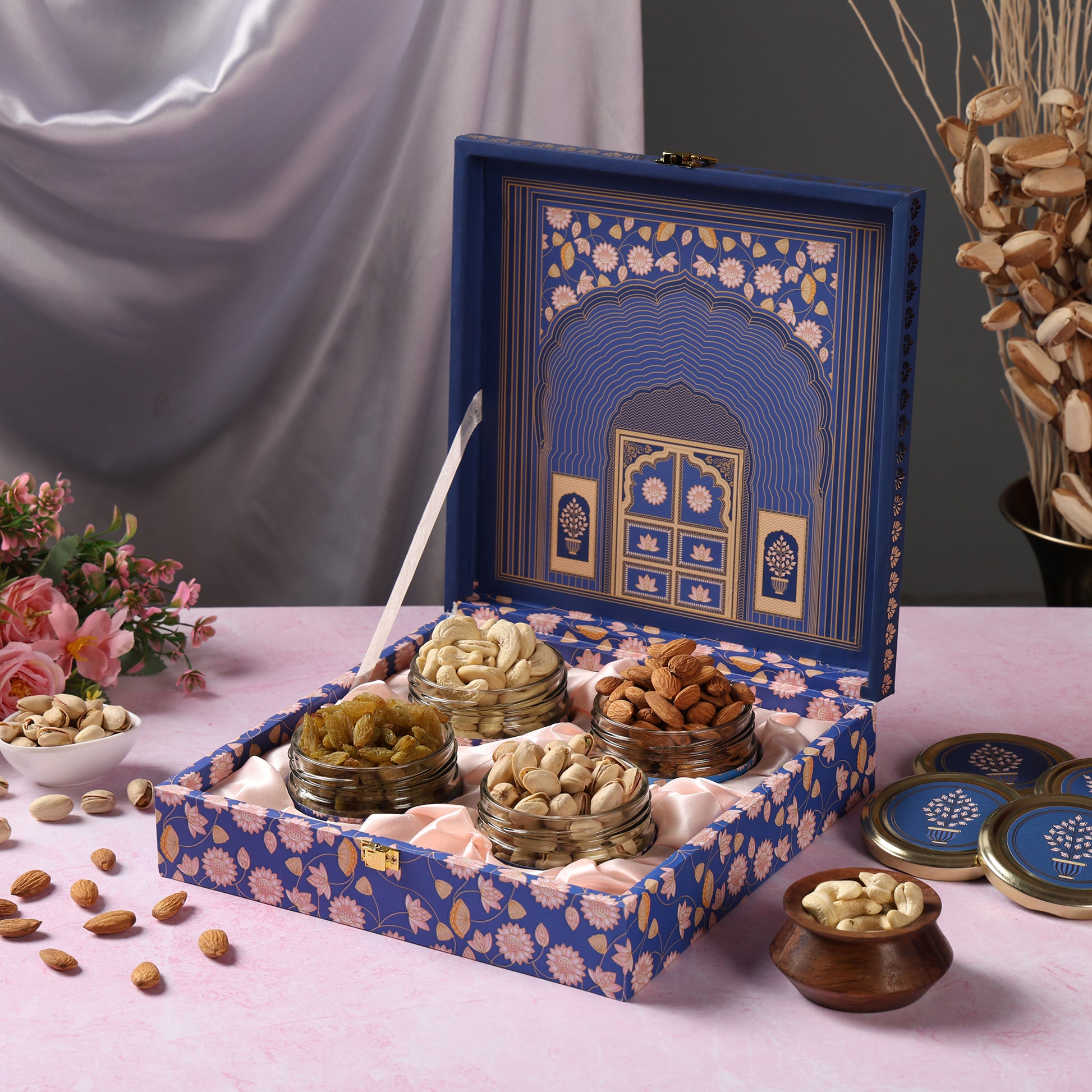 Riwaz Blue Darwaja Premium Gift Box Elegance Meets Gourmet | 4 Salsa Jars with Almonds, Cashews, Pistachios & Khumani | Perfect for Rakhi, Diwali, Corporate, Wedding & Festive Gifting