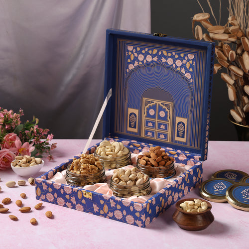 Riwaz Blue Darwaja Premium Gift Box Elegance Meets Gourmet | 4 Salsa Jars with Almonds, Cashews, Pistachios & Khumani | Perfect for Rakhi, Diwali, Corporate, Wedding & Festive Gifting