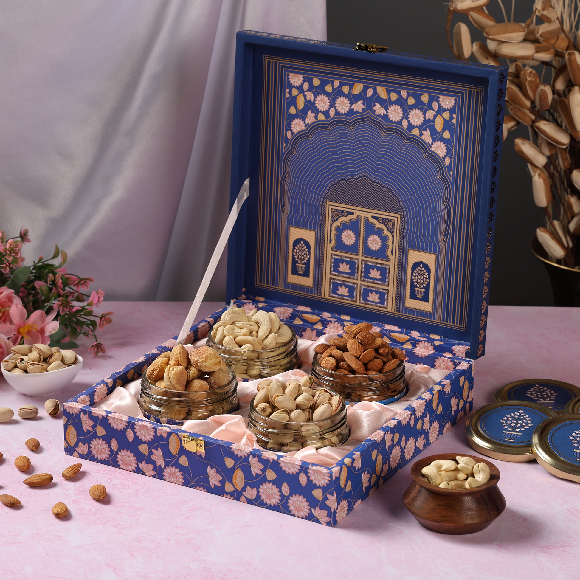 Riwaz Blue Darwaja Premium Gift Box Elegance Meets Gourmet | 4 Salsa Jars with Almonds, Cashews, Pistachios & Khumani | Perfect for Rakhi, Diwali, Corporate, Wedding & Festive Gifting