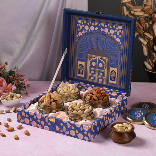 Riwaz Blue Darwaja Premium Gift Box Elegance Meets Gourmet | 4 Salsa Jars with Almonds, Cashews, Pistachios & Khumani | Perfect for Rakhi, Diwali, Corporate, Wedding & Festive Gifting