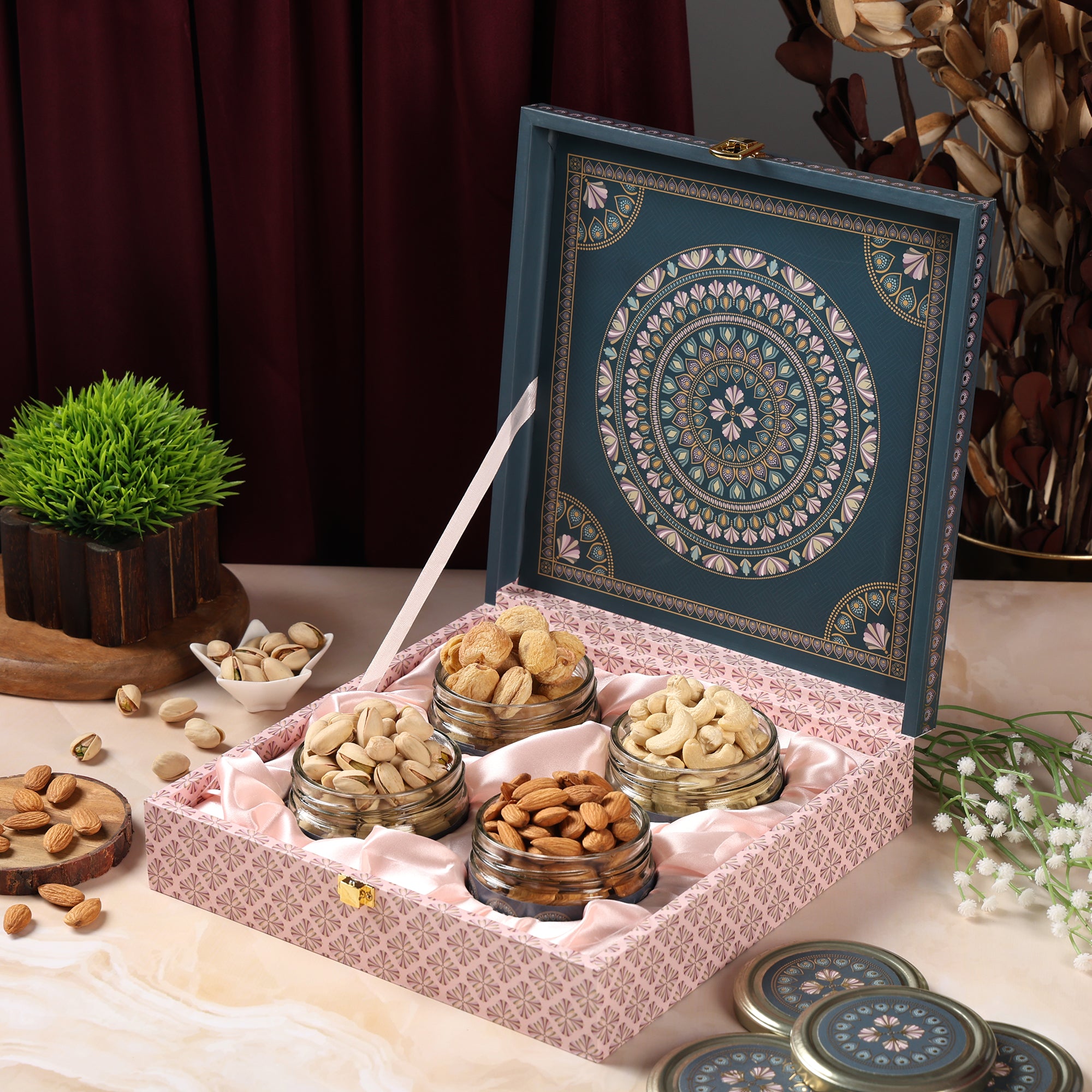 Riwaz Premium Matt Natural Gift Box | Premium 4-Jar Set | Almonds, Cashews, Pistachios , Walnuts , Figs & Raisins| Luxury Elegant & Reusable Gift