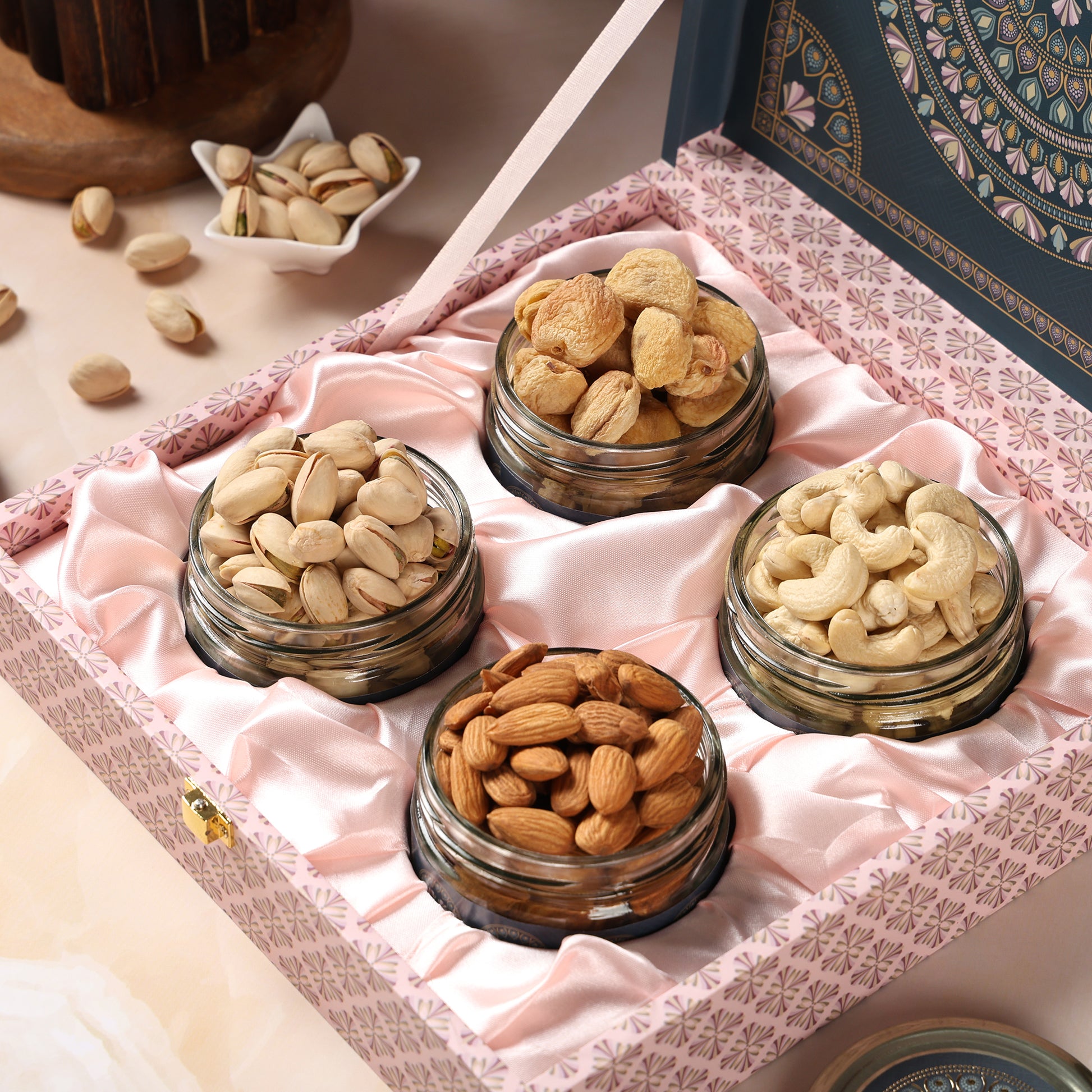 Riwaz Premium Matt Natural Gift Box Earthy Elegance with 4 Salsa Jars of Almonds, Cashews, Pistachios & Khumani | A Thoughtful Choice for Festive & Corporate Gifting