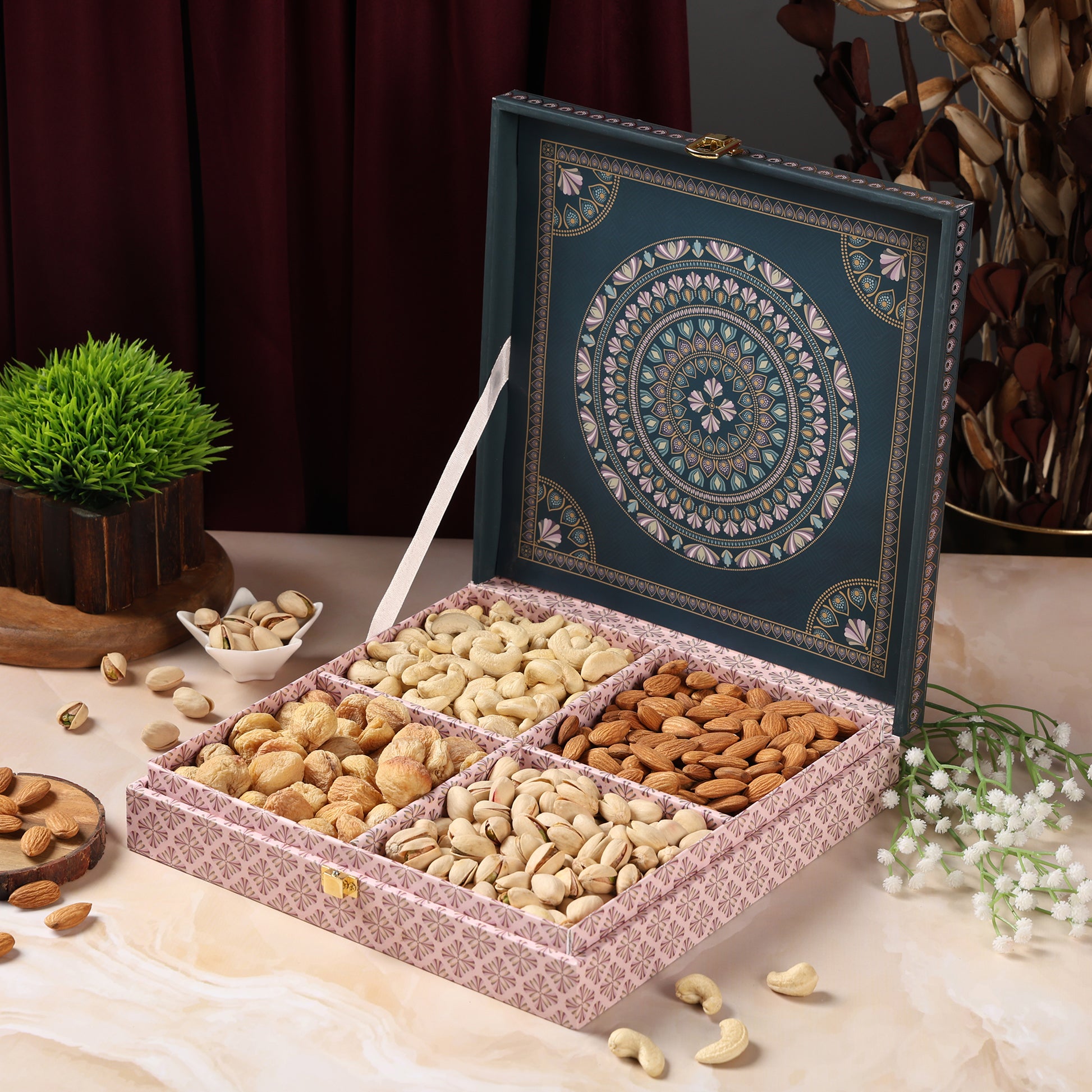 Riwaz Premium Matt Natural Gift Box | Designer 4-Column Selection of Almonds, Cashews, Pistachios & Raisins | A Thoughtful & Elegant Gift for Diwali, Weddings, Festivals & Corporate Gifting