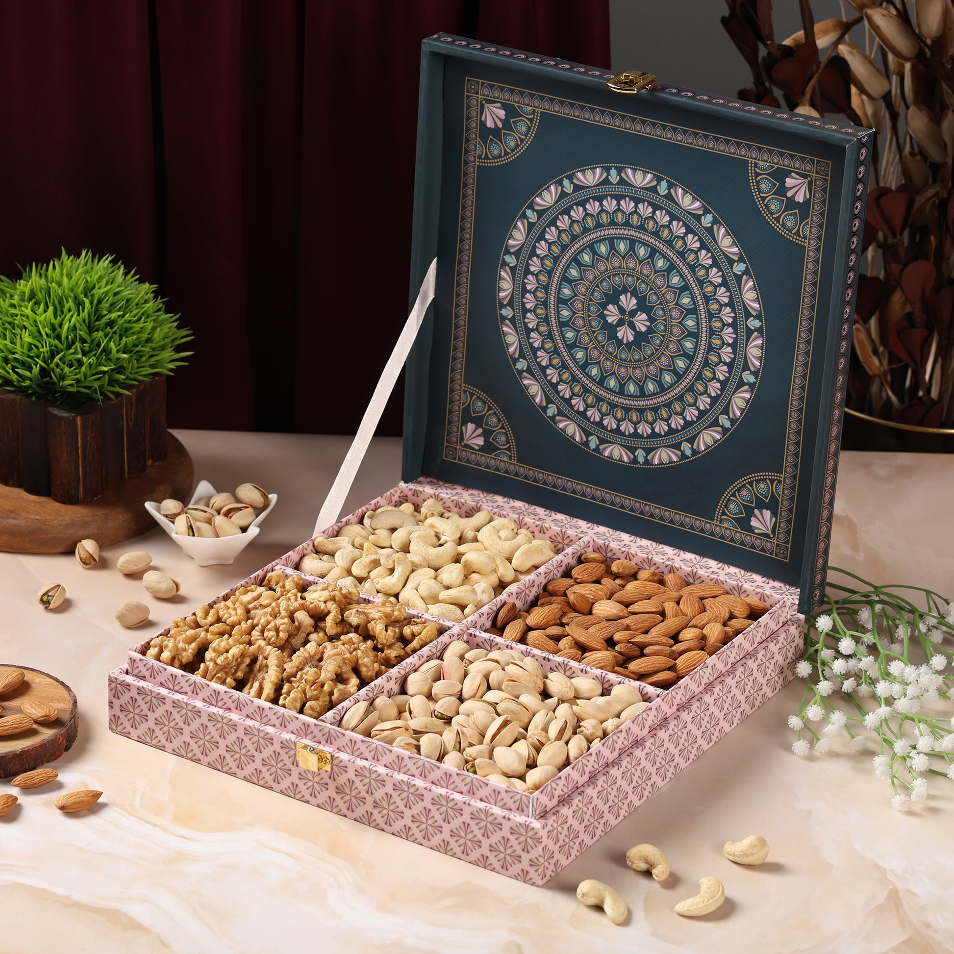 Riwaz Premium Matt Natural Gift Box | Designer 4-Column Selection of Almonds, Cashews, Pistachios & Raisins | A Thoughtful & Elegant Gift for Diwali, Weddings, Festivals & Corporate Gifting