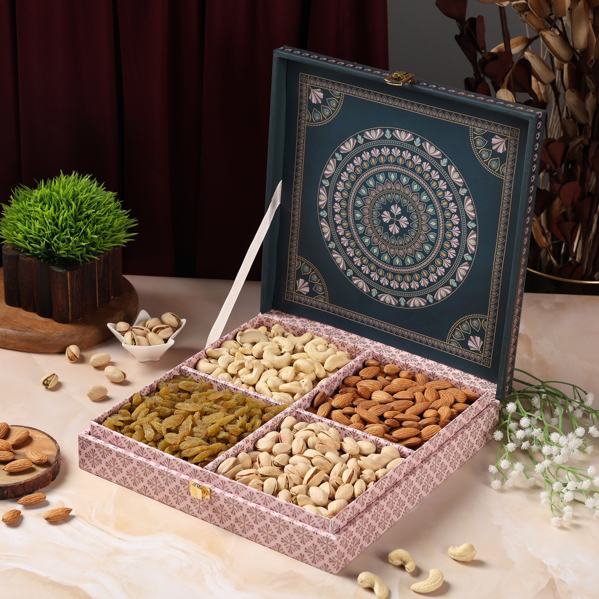 Riwaz Premium Matt Natural Gift Box | Designer 4-Column Selection of Almonds, Cashews, Pistachios & Raisins | A Thoughtful & Elegant Gift for Diwali, Weddings, Festivals & Corporate Gifting
