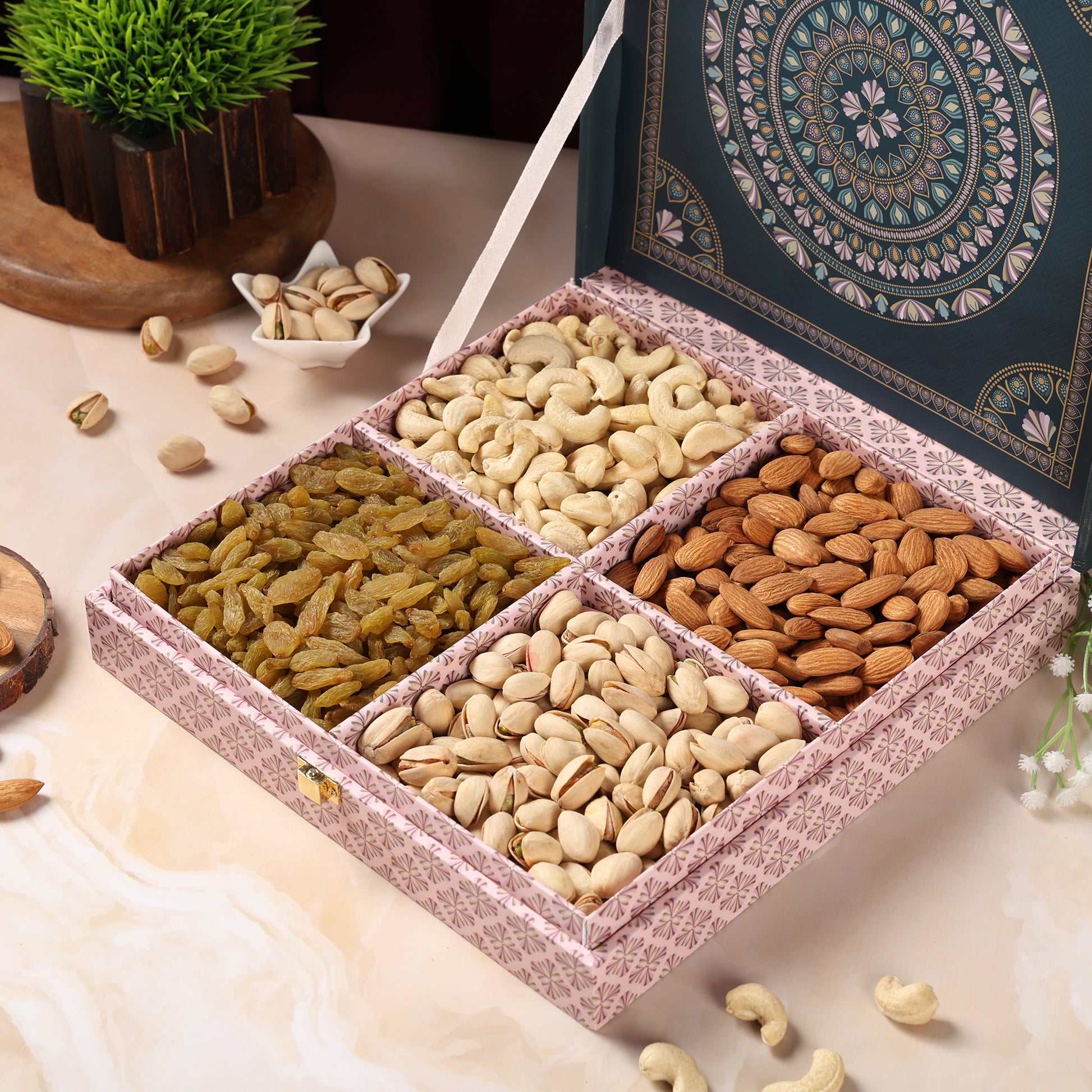 Riwaz Premium Matt Natural Gift Box | Designer 4-Column Selection of Almonds, Cashews, Pistachios & Raisins | A Thoughtful & Elegant Gift for Diwali, Weddings, Festivals & Corporate Gifting