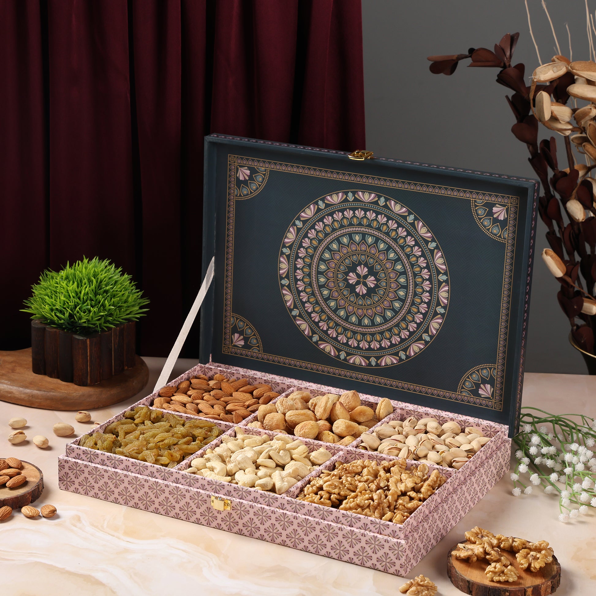 Riwaz Premium Matt Natural Gift Box | Premium 6-Column Assortment of Almonds, Cashews, Pistachios, Walnuts, Raisins & Khumani | A Thoughtful Choice for Corporate, Wedding & Festive Gifting
