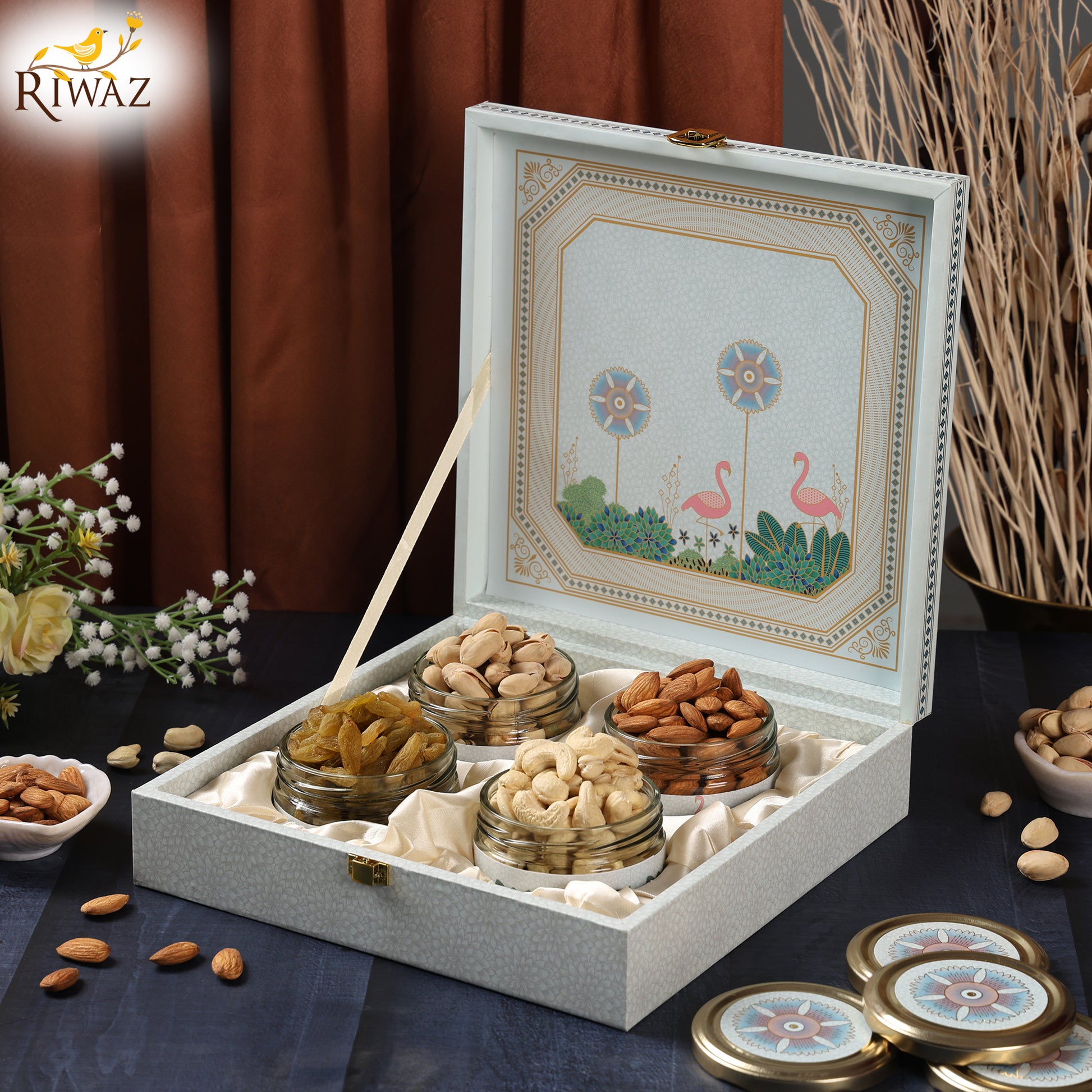 Riwaz Luxury Pink Fairy Gift Box – Premium 4-Jar Set with Almonds, Cashews, Pistachios & Khumani | Ideal for Weddings, Festivals & Corporate Gifting