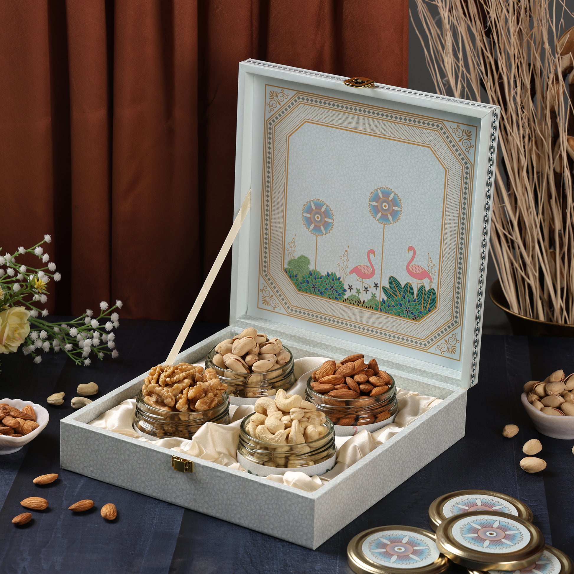 Riwaz Luxury Pink Fairy Gift Box – Premium 4-Jar Set with Almonds, Cashews, Pistachios & Khumani | Ideal for Weddings, Festivals & Corporate Gifting