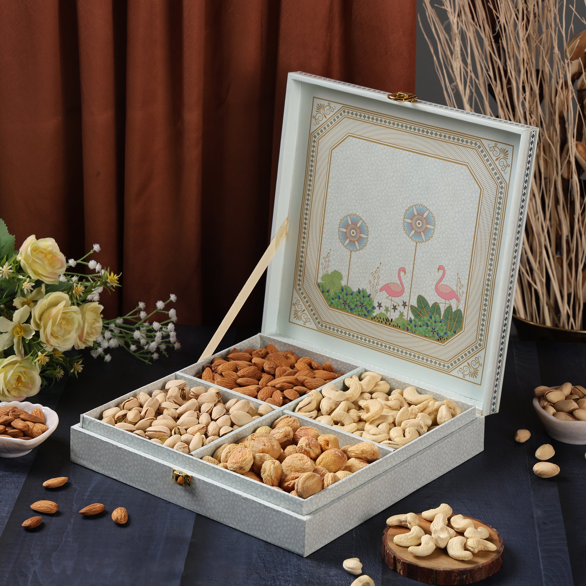 Riwaz Premium Pink Fairy Gift Box | Designer 4-Column Assortment of Almonds, Cashews, Pistachios & Khumani | 100% Natural & Wholesome | A Perfect Gift for Diwali, Weddings, Festivals & Corporate Gifting