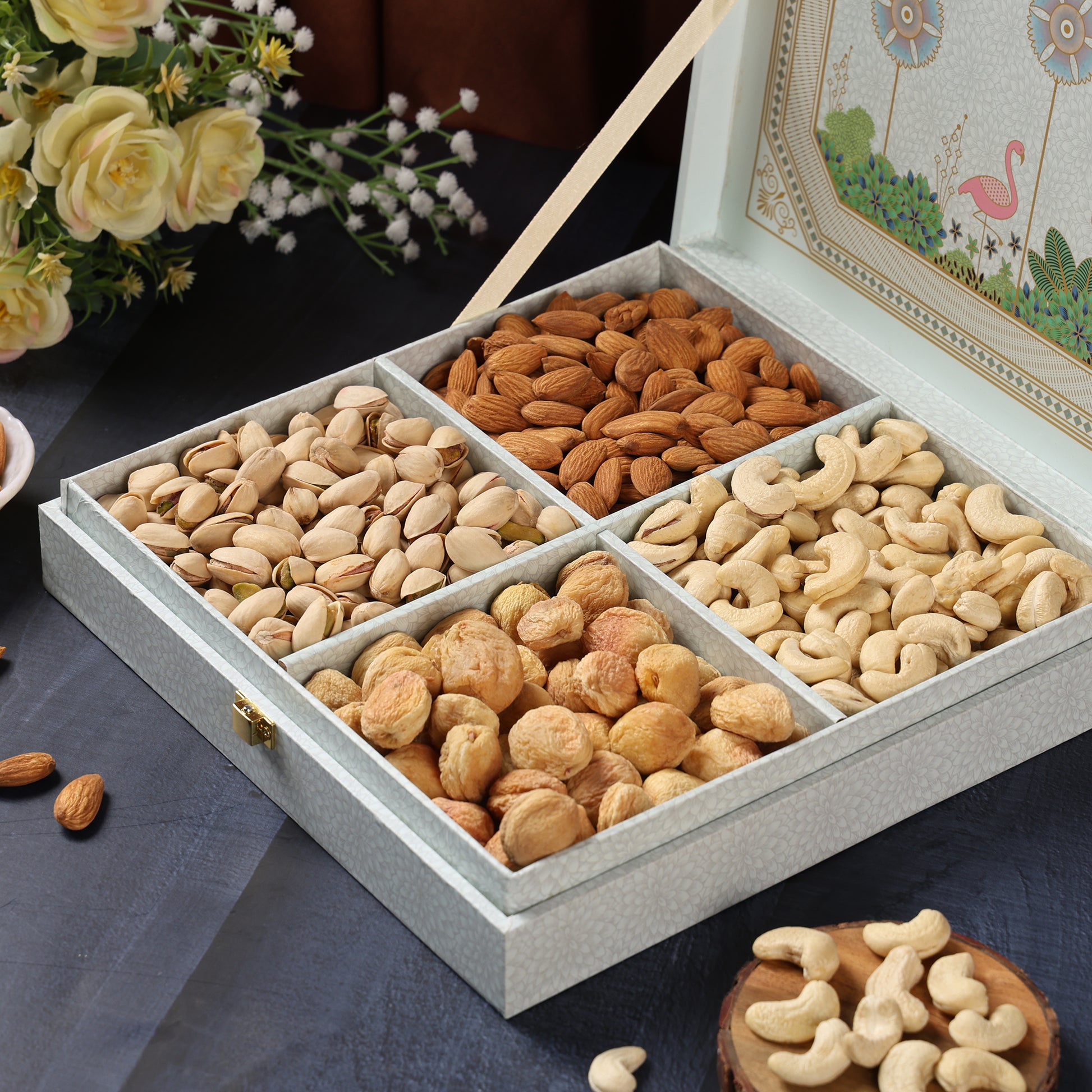 Riwaz Premium Pink Fairy Gift Box | Designer 4-Column Assortment of Almonds, Cashews, Pistachios & Khumani | 100% Natural & Wholesome | A Perfect Gift for Diwali, Weddings, Festivals & Corporate Gifting