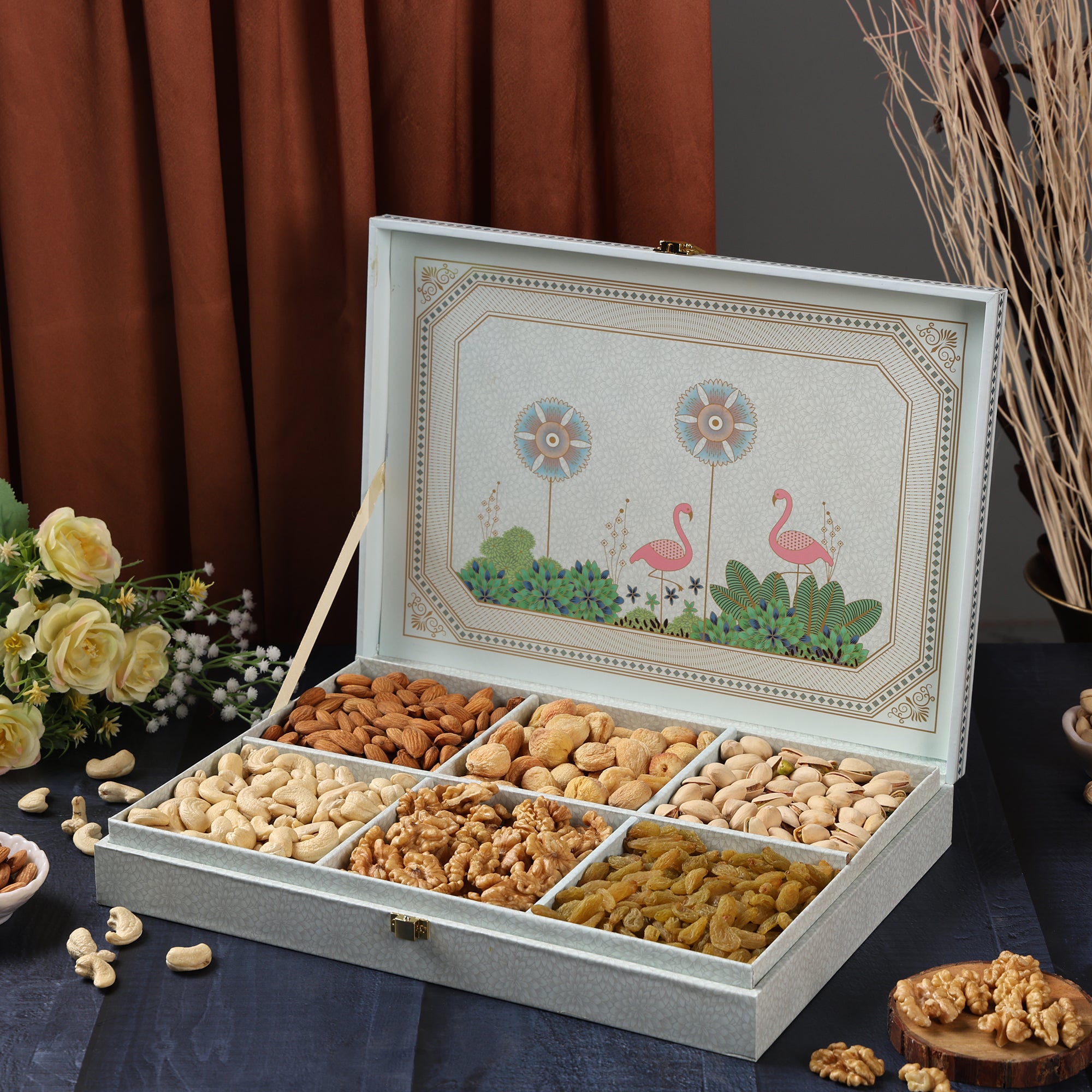 Riwaz Premium Pink Fairy Gift Box 6 Column Almonds, Cashews, Pistachios, Walnuts, Raisins & Khumani