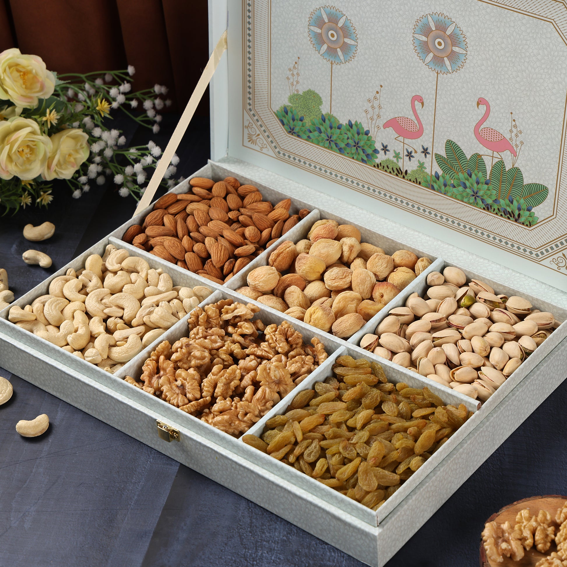 Riwaz Premium Pink Fairy Gift Box 6 Column Almonds, Cashews, Pistachios, Walnuts, Raisins & Khumani | Elegant Gift for Rakhi, Diwali, Weddings, Festivals, Eid & Corporate Gifting