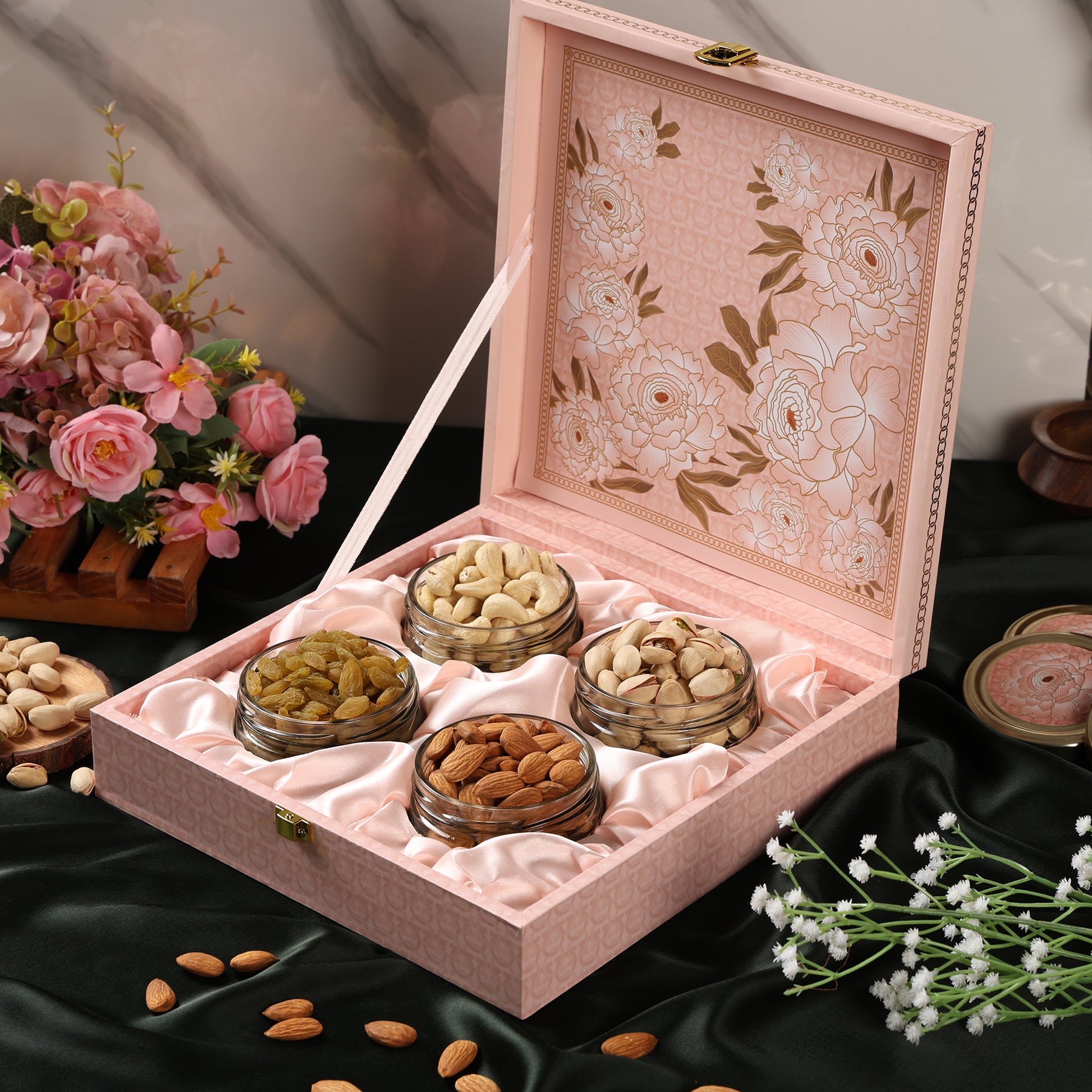 Riwaz Premium Flower Genda  Gift Box  A Touch of Floral Elegance with Gourmet Dry Fruits | 4 Designer Jars with Almonds, Cashews, Pistachios & Khumani | Perfect for Festive & Corporate Gifting