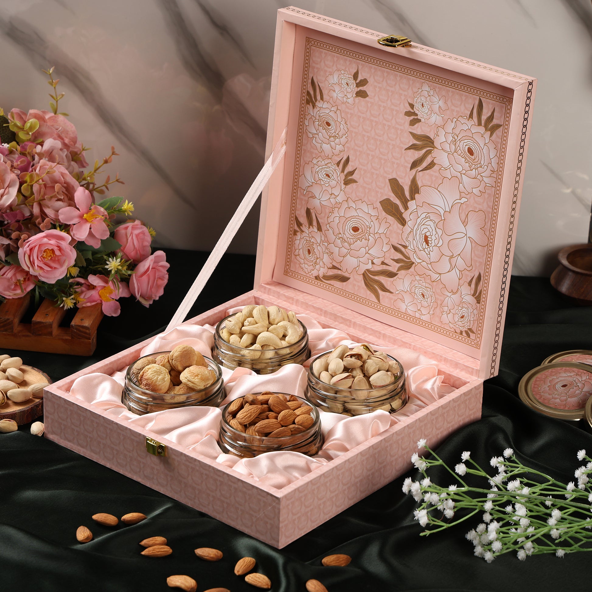 Riwaz Premium Flower Genda  Gift Box  A Touch of Floral Elegance with Gourmet Dry Fruits | 4 Designer Jars with Almonds, Cashews, Pistachios & Khumani | Perfect for Festive & Corporate Gifting