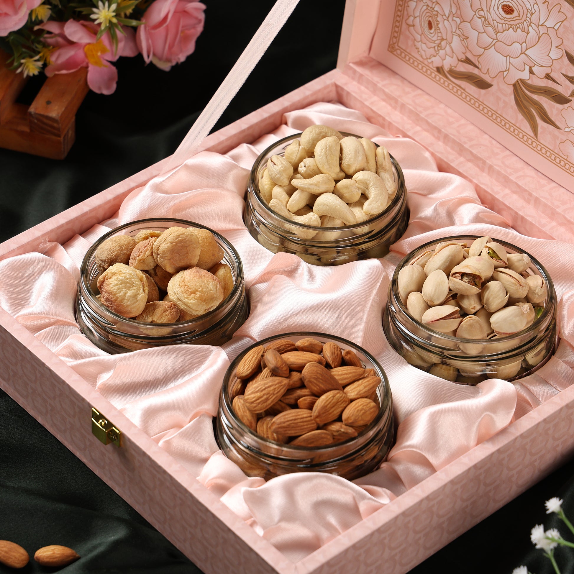 Riwaz Premium Flower Genda  Gift Box  A Touch of Floral Elegance with Gourmet Dry Fruits | 4 Designer Jars with Almonds, Cashews, Pistachios & Khumani | Perfect for Festive & Corporate Gifting