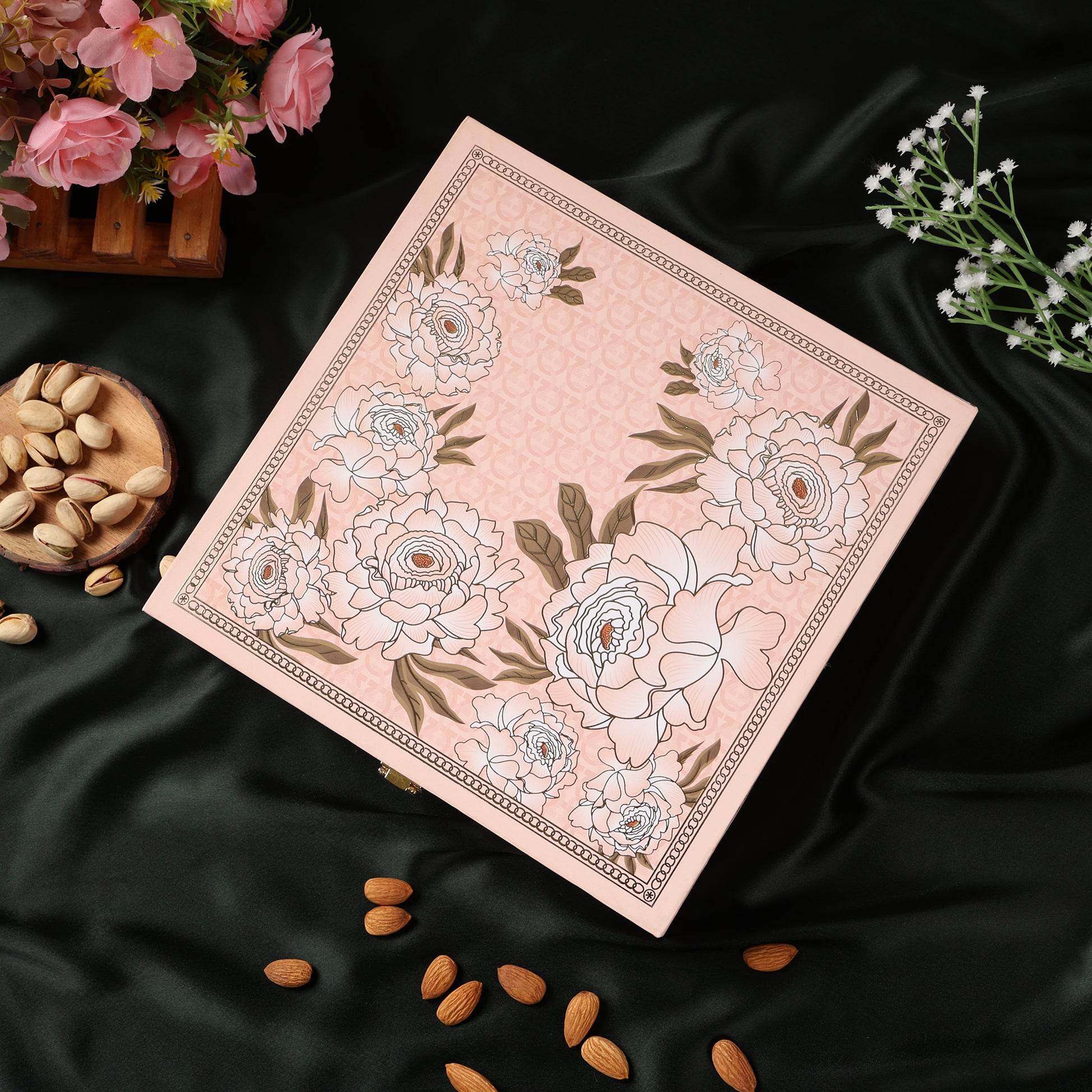 Riwaz Premium Flower Genda  Gift Box  A Touch of Floral Elegance with Gourmet Dry Fruits | 4 Designer Jars with Almonds, Cashews, Pistachios & Khumani | Perfect for Festive & Corporate Gifting