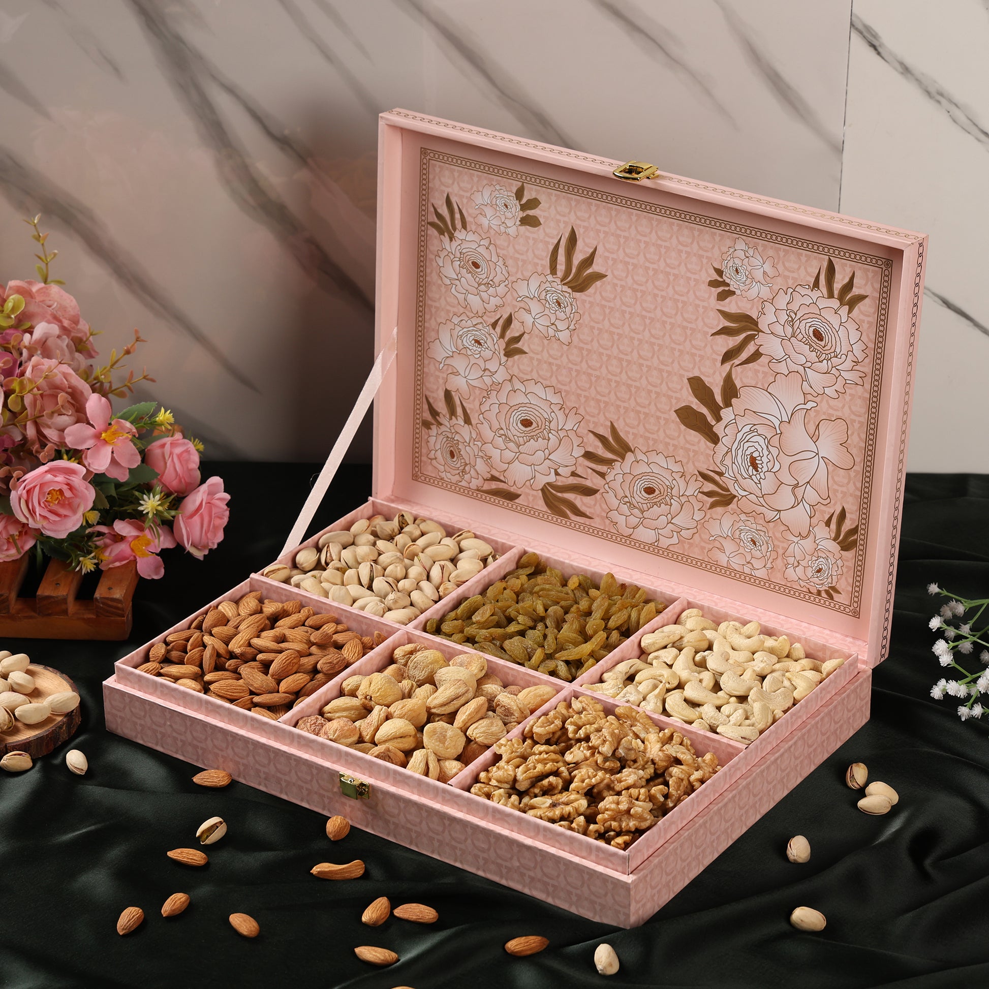 Riwaz Premium Flower Genda Flower Gift Box | Premium Assortment of Almonds, Cashews, Pistachios, Walnuts, Raisins & Khumani | A Thoughtful Gift for Diwali, Weddings, Festivals & Corporate Gifting