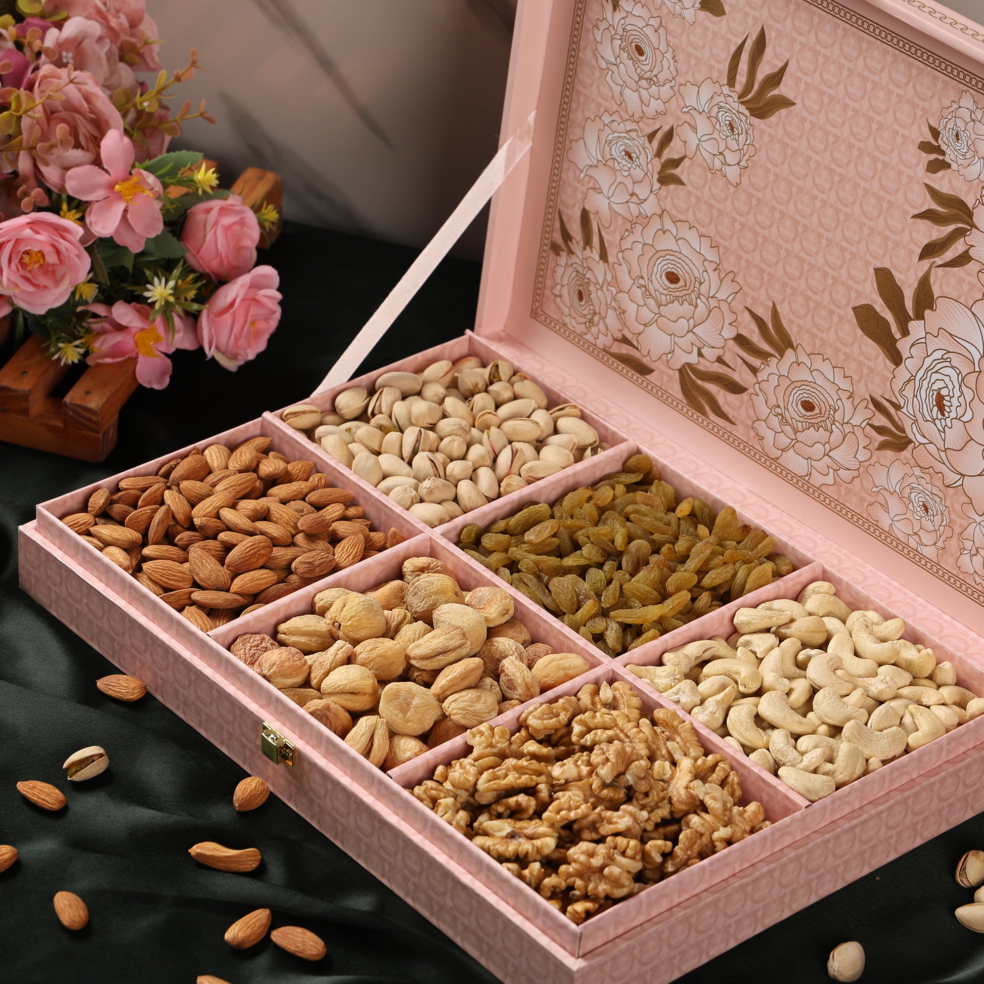 Riwaz Premium Flower Genda Flower Gift Box | Premium Assortment of Almonds, Cashews, Pistachios, Walnuts, Raisins & Khumani | A Thoughtful Gift for Diwali, Weddings, Festivals & Corporate Gifting