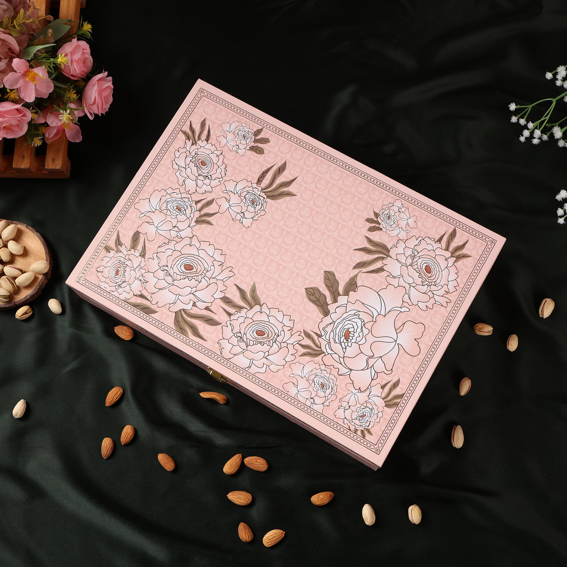 Riwaz Premium Flower Genda Flower Gift Box | Premium Assortment of Almonds, Cashews, Pistachios, Walnuts, Raisins & Khumani | A Thoughtful Gift for Diwali, Weddings, Festivals & Corporate Gifting