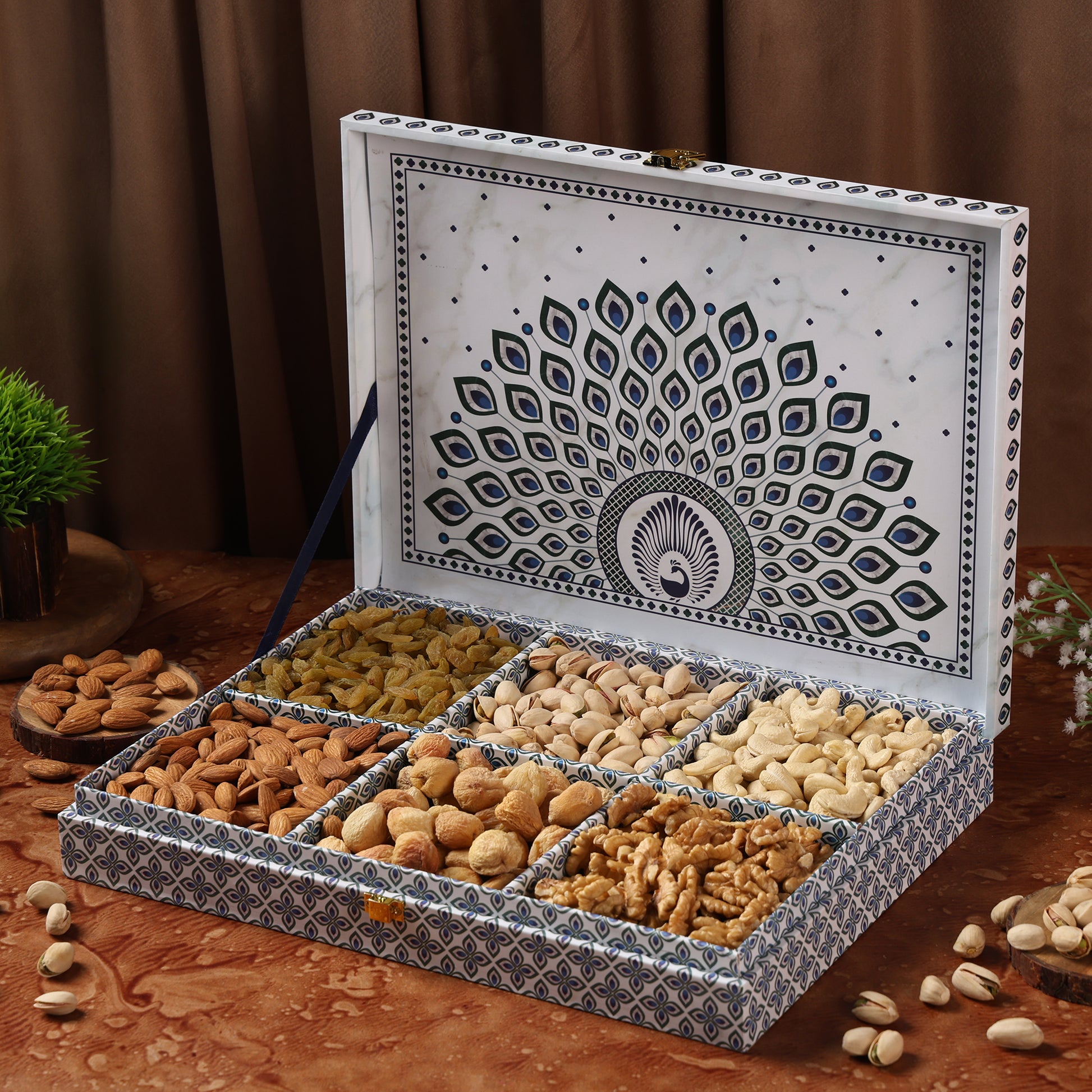 Riwaz Premium Mor Pankh Gift Box | Exquisite 6-Column Selection of Almonds, Cashews, Pistachios, Walnuts, Raisins & Khumani | A Graceful Gift for Diwali, Weddings, Festivals & Corporate Gifting