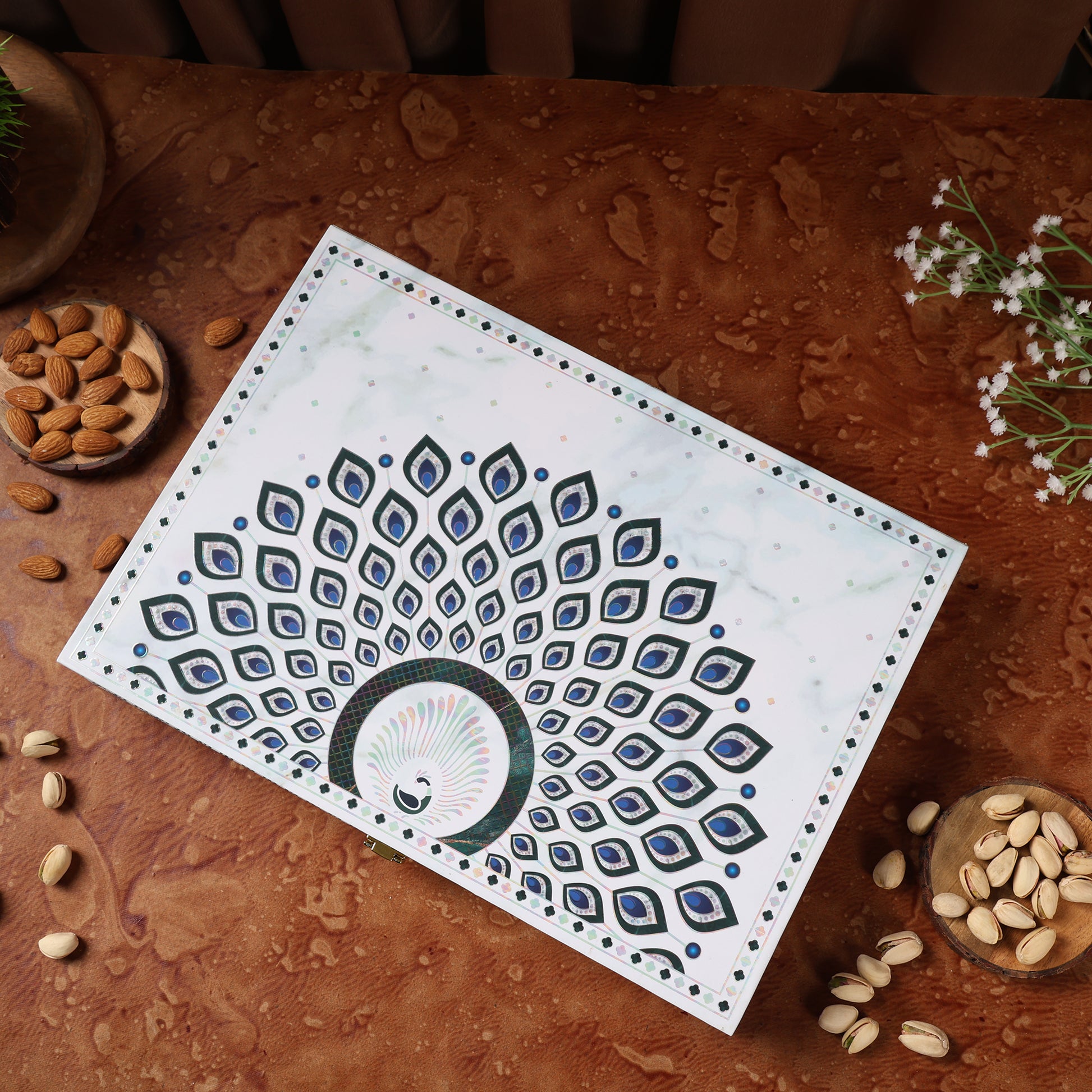 Riwaz Premium Mor Pankh Gift Box | Exquisite 6-Column Selection of Almonds, Cashews, Pistachios, Walnuts, Raisins & Khumani | A Graceful Gift for Diwali, Weddings, Festivals & Corporate Gifting