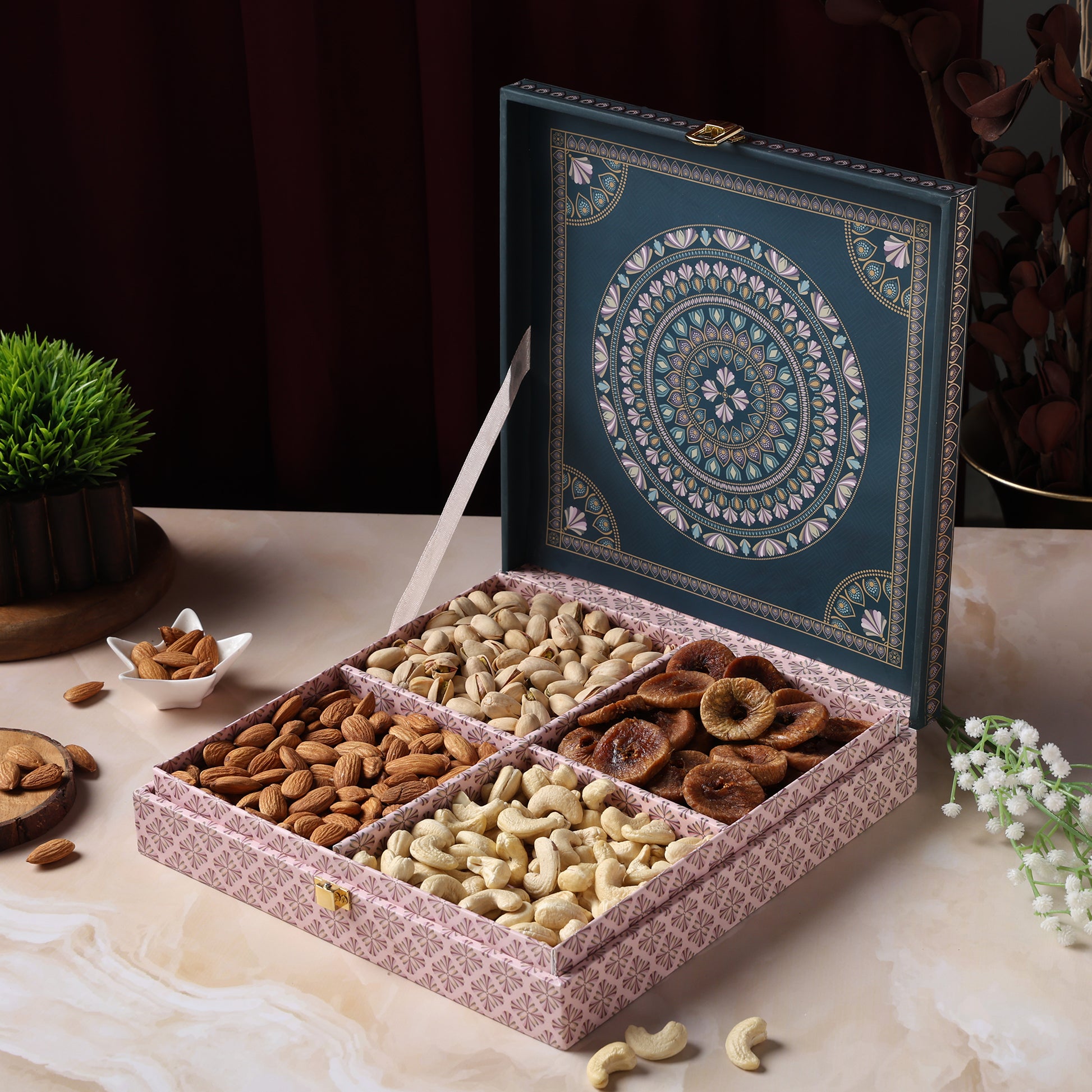 Riwaz Premium Matt Natural Gift Box | Designer 4-Column Selection of Almonds, Cashews, Pistachios & Raisins | A Thoughtful & Elegant Gift for Diwali, Weddings, Festivals & Corporate Gifting