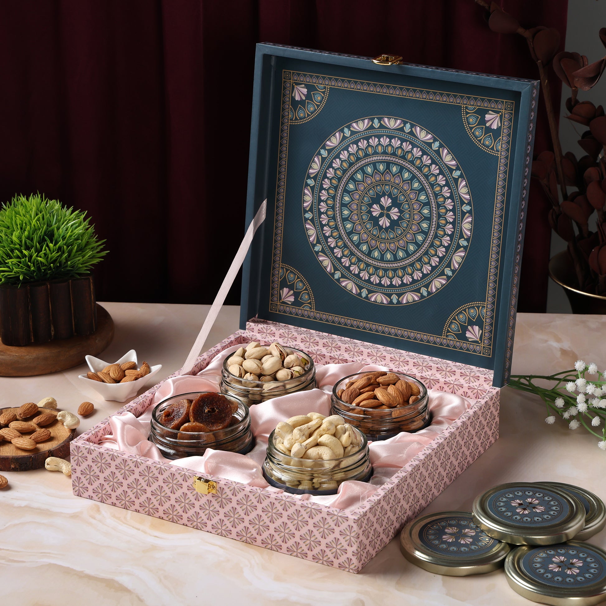 Riwaz Premium Matt Natural Gift Box Earthy Elegance with 4 Salsa Jars of Almonds, Cashews, Pistachios & Khumani | A Thoughtful Choice for Festive & Corporate Gifting