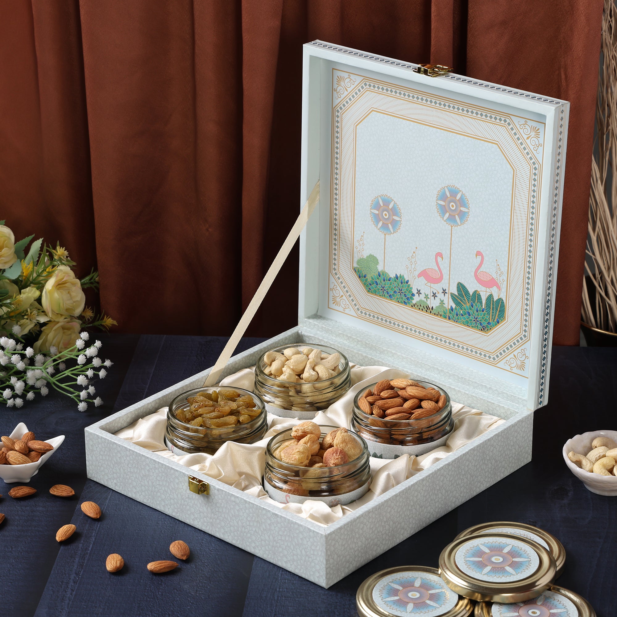 Riwaz Luxury Pink Fairy Gift Box |  Premium 4-Jar Set | Almonds, Cashews, Pistachios , Walnuts , Figs & Raisins| Luxury Elegant & Reusable Gift Hamper