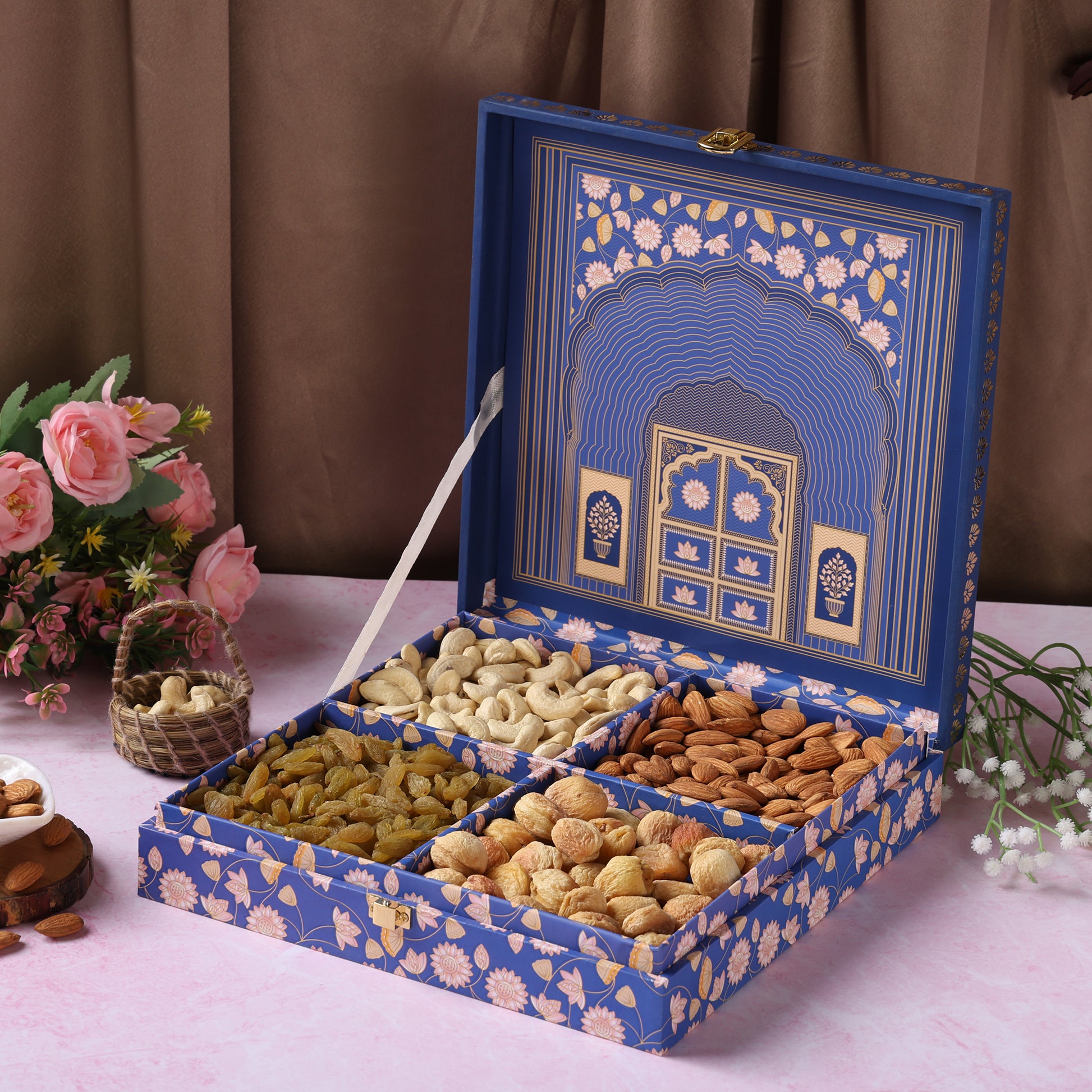 Riwaz Premium Blue Darwaja Gift Box | A Blend of Elegance & Gourmet Delights | 4-Column Assortment of Almonds, Cashews, Pistachios & Khumani | A Thoughtful Gift for Diwali, Weddings, Festivals & Corporate Gifting