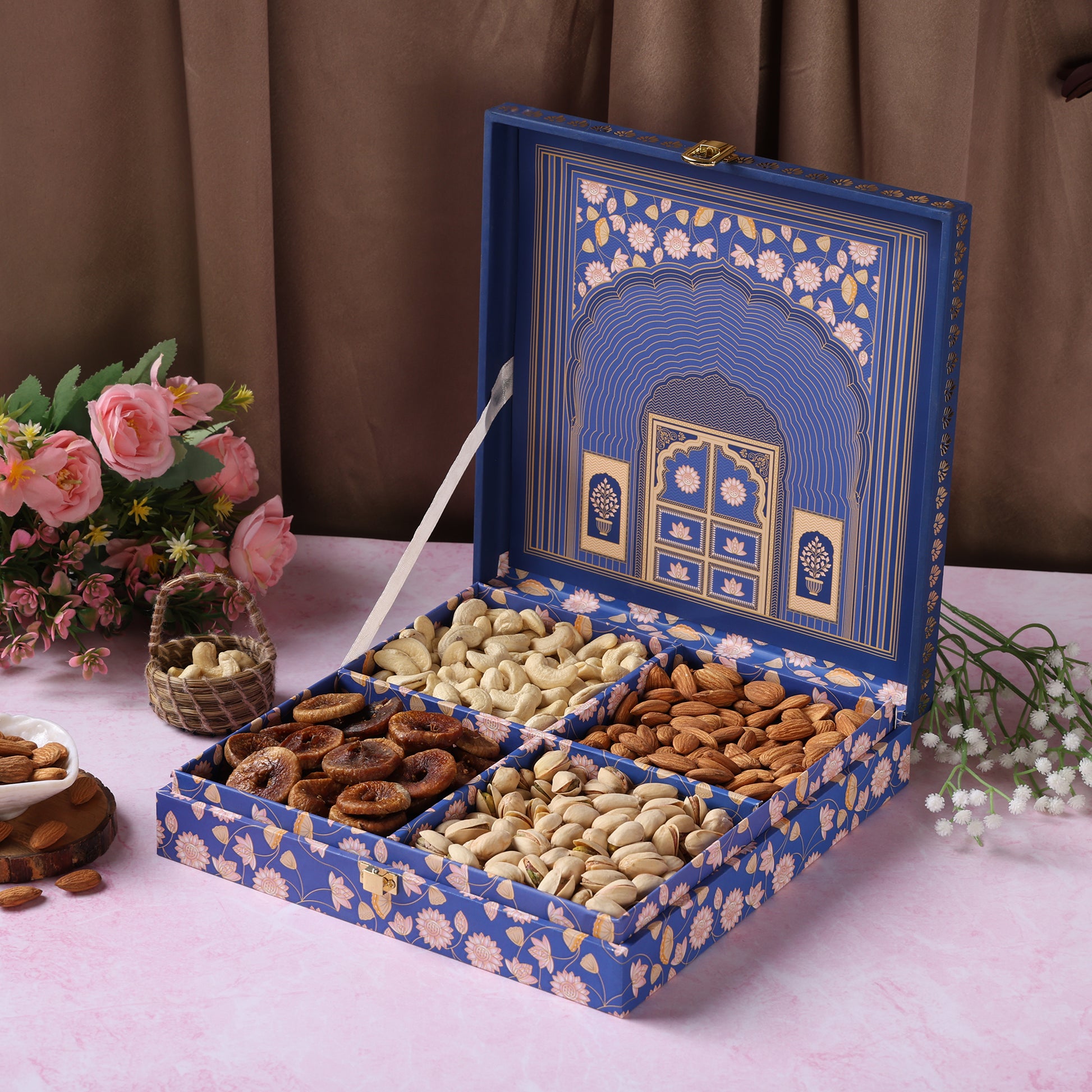Riwaz Premium Blue Darwaja Gift Box | A Blend of Elegance & Gourmet Delights | 4-Column Assortment of Almonds, Cashews, Pistachios & Khumani | A Thoughtful Gift for Diwali, Weddings, Festivals & Corporate Gifting
