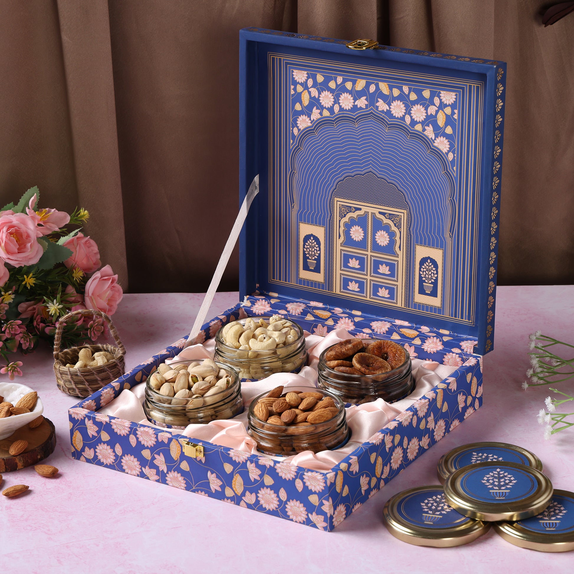 Riwaz Blue Darwaja Premium Gift Box Elegance Meets Gourmet | 4 Salsa Jars with Almonds, Cashews, Pistachios & Khumani | Perfect for Rakhi, Diwali, Corporate, Wedding & Festive Gifting