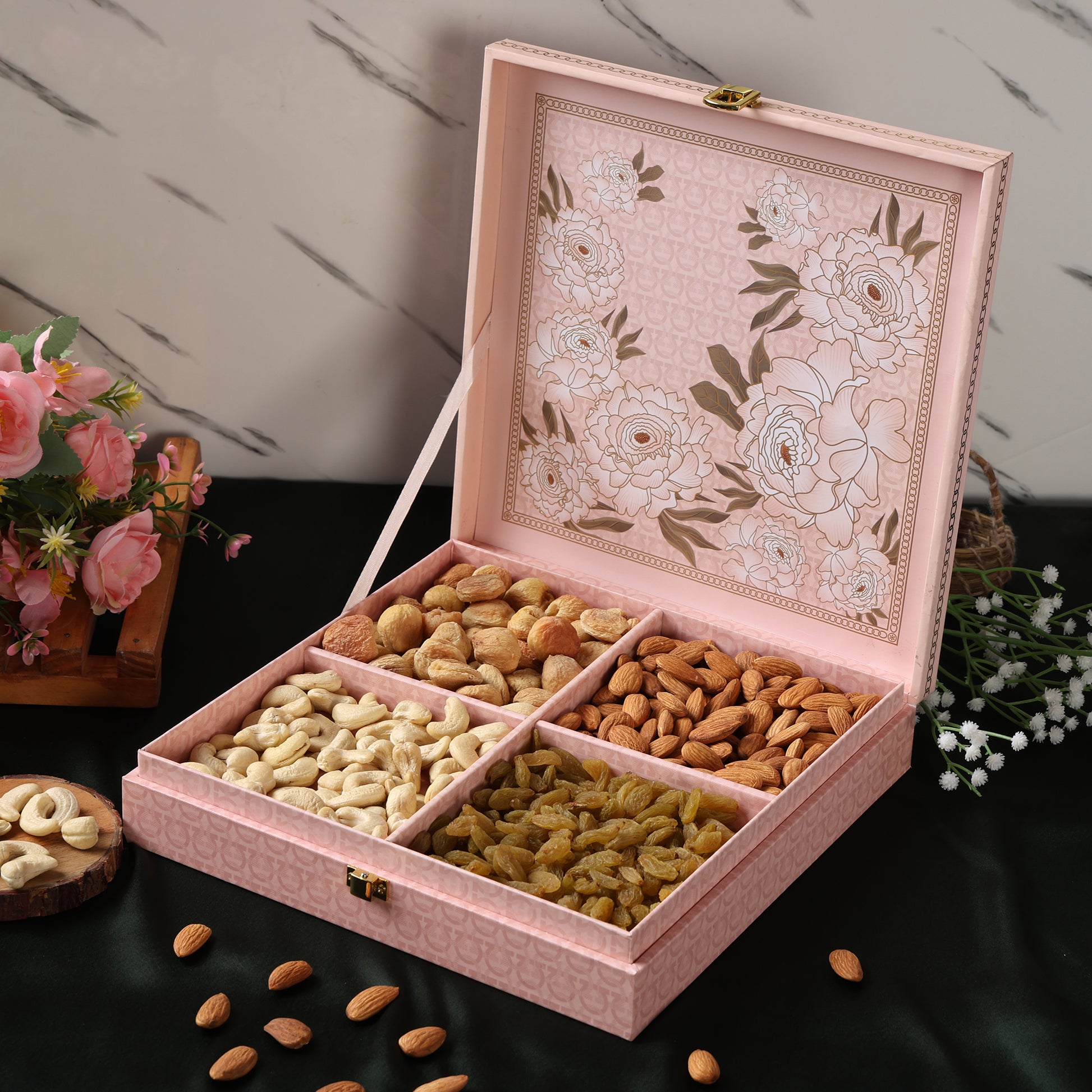 Riwaz Premium Flower Genda Gift Box Elegance with Gourmet Delights | 4 - Column filled with Almond, Cashew, Raisins and Khumani| A Thoughtful Present for Diwali, Corporates, Wedding & Festival Gifting