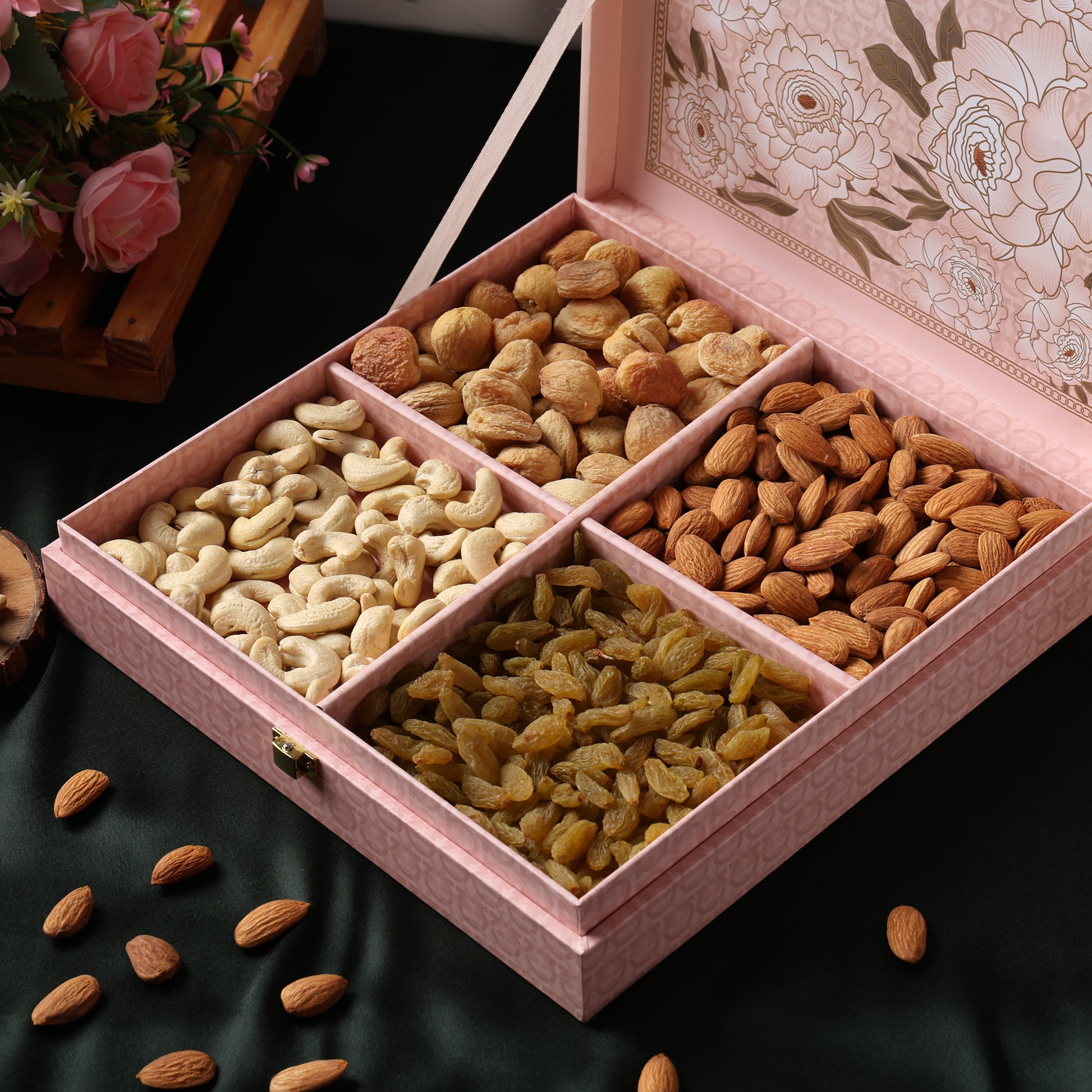 Riwaz Premium Flower Genda Gift Box Elegance with Gourmet Delights | 4 - Column filled with Almond, Cashew, Raisins and Khumani| A Thoughtful Present for Diwali, Corporates, Wedding & Festival Gifting