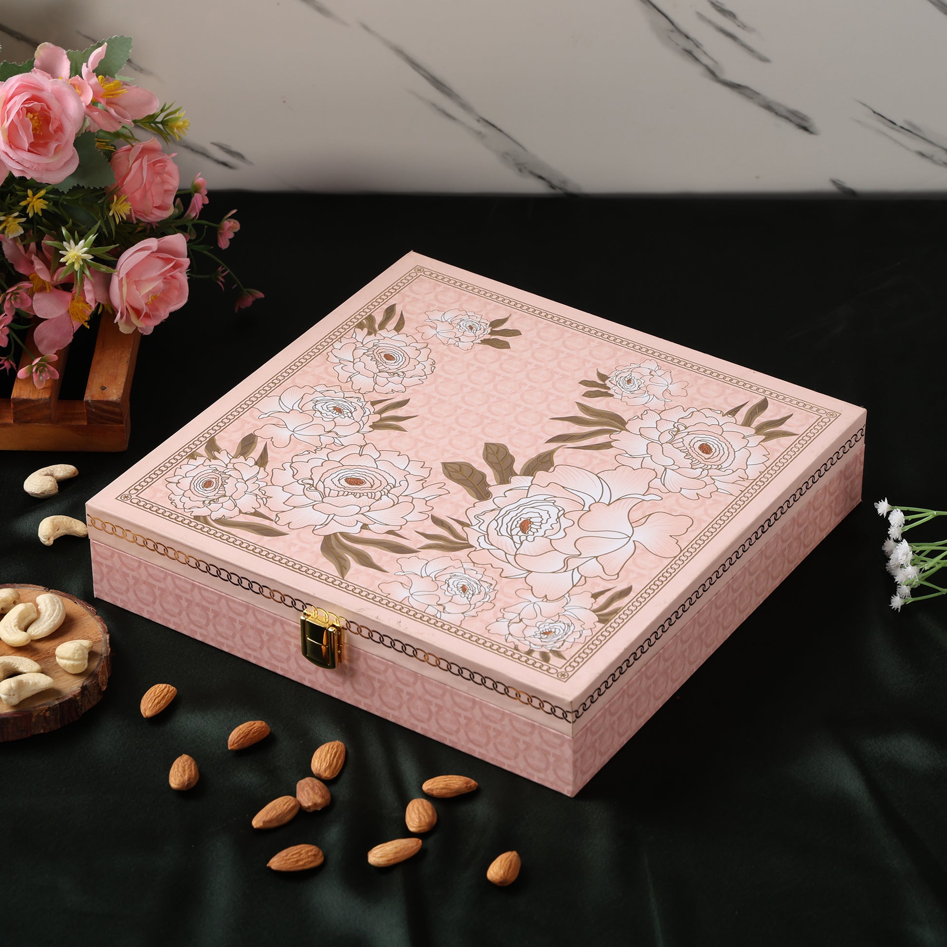 Riwaz Premium Flower Genda Gift Box Elegance with Gourmet Delights | 4 - Column filled with Almond, Cashew, Raisins and Khumani| A Thoughtful Present for Diwali, Corporates, Wedding & Festival Gifting