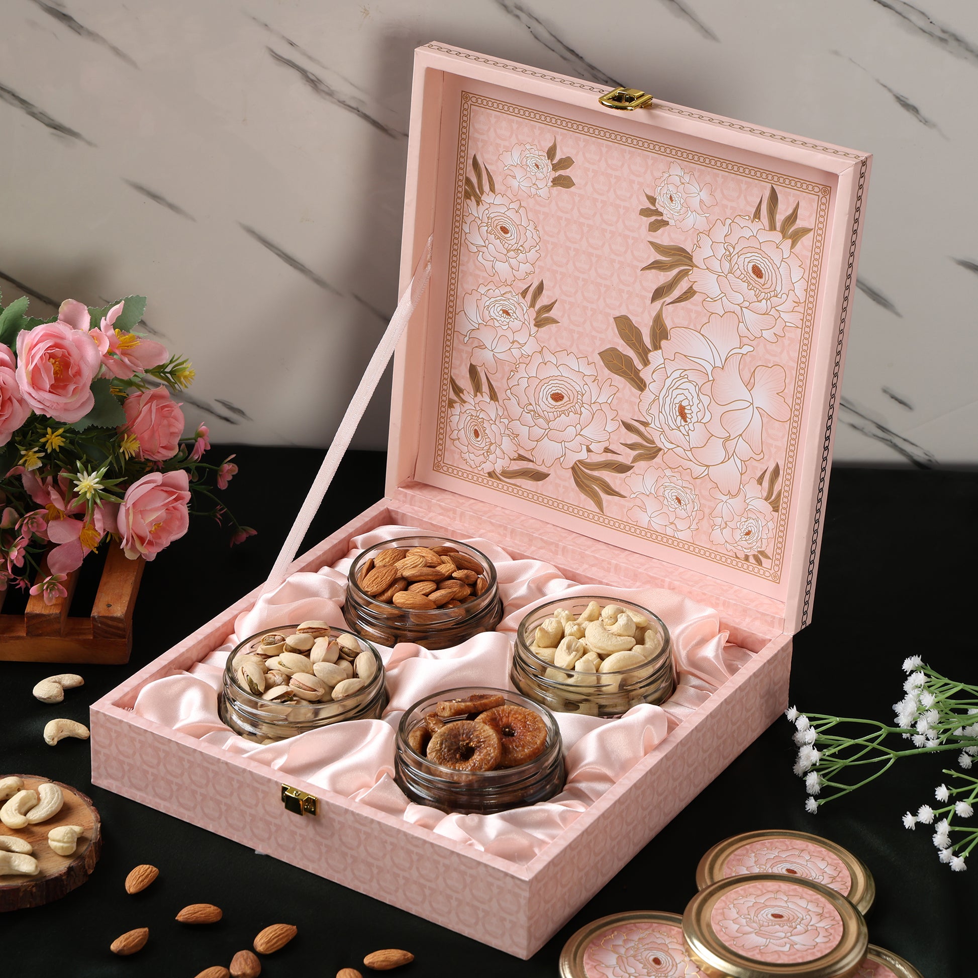 Riwaz Premium Flower Genda  Gift Box  A Touch of Floral Elegance with Gourmet Dry Fruits | 4 Designer Jars with Almonds, Cashews, Pistachios & Khumani | Perfect for Festive & Corporate Gifting