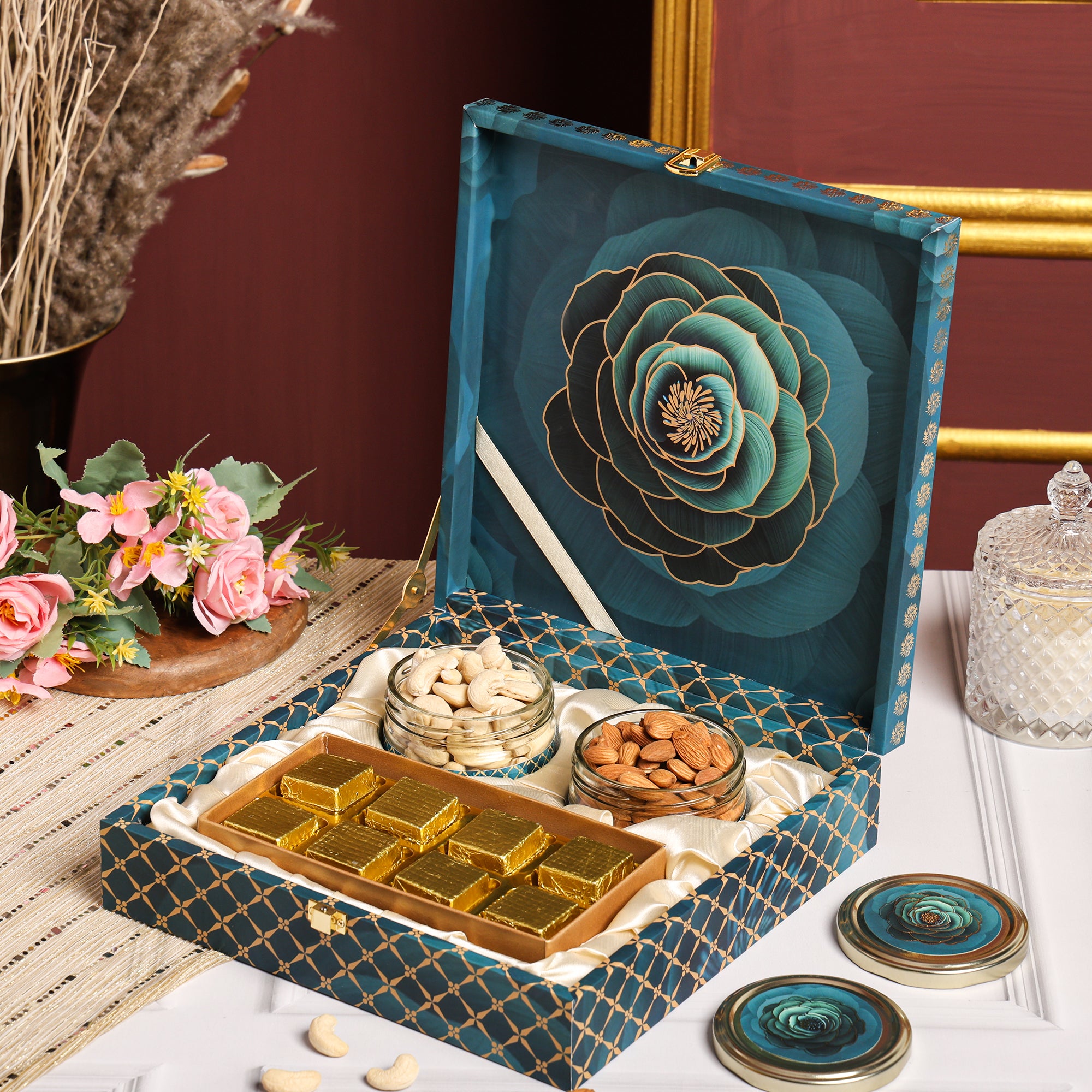 Riwaz Premium Blue Rose Dry Fruit & Chocolate Gift Box | Almonds, Cashews & Chocolates | Perfect for Weddings, Festivals & Corporate Gifting